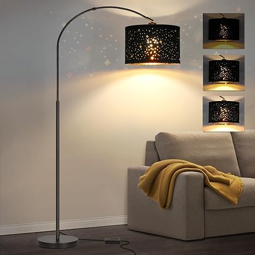Dimmable Floor Lamp, Arc Floor Lamp for Living Room, Arched Tall Modern Standing Lamp with Adjustable Star Shade, Black Mid Century Light Tall Pole Lamp for Bedrooms,Office, 9W LED Bulb Included