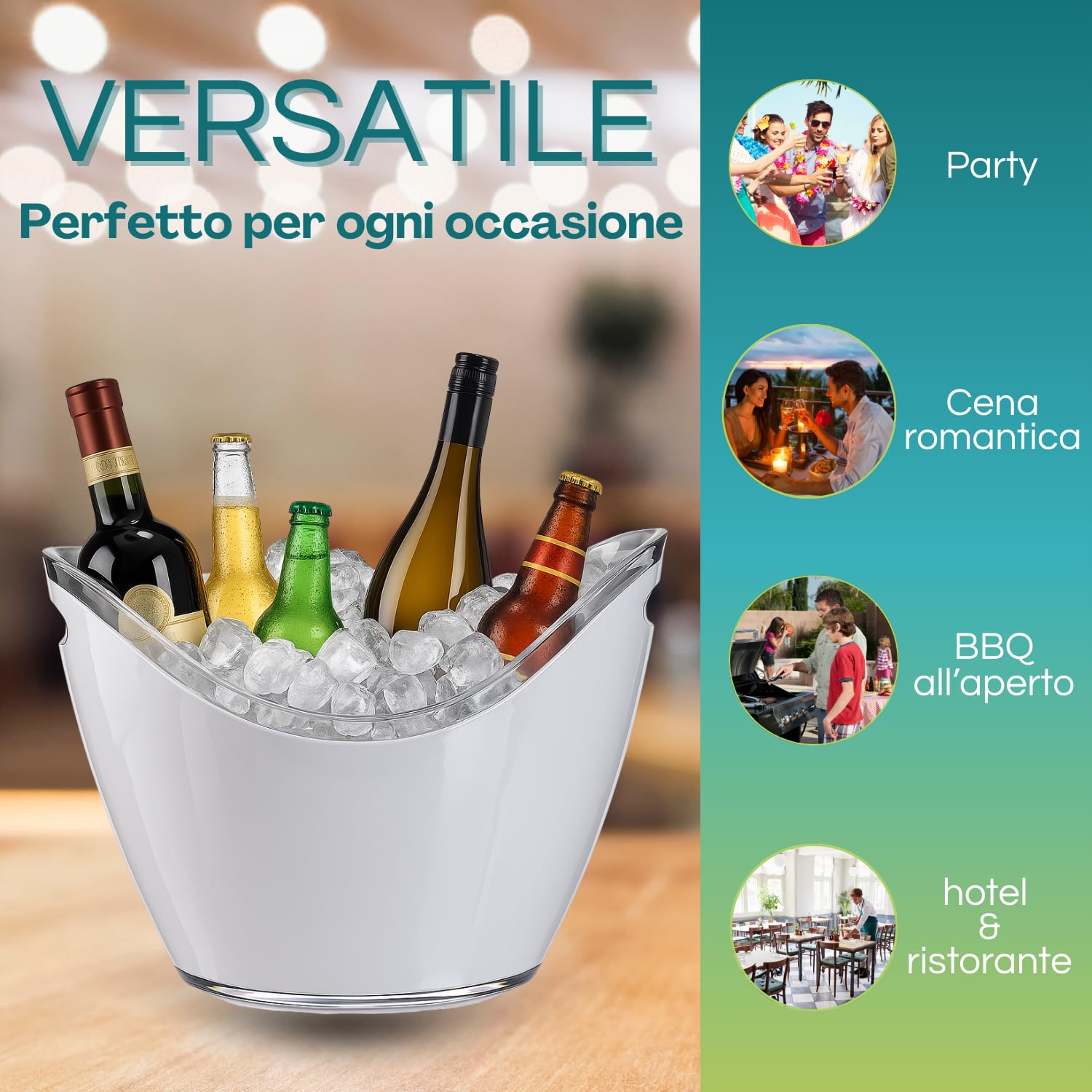 Virsus Secchiello Portaghiaccio Ovale 90096, misura 34,5x26x24 cm, capacità 8 Lt, secchio in plastica per ghiaccio, 2 Maniglie, secchiello per bottiglie Vini, Champagne per feste ed eventi -C (Bianco)