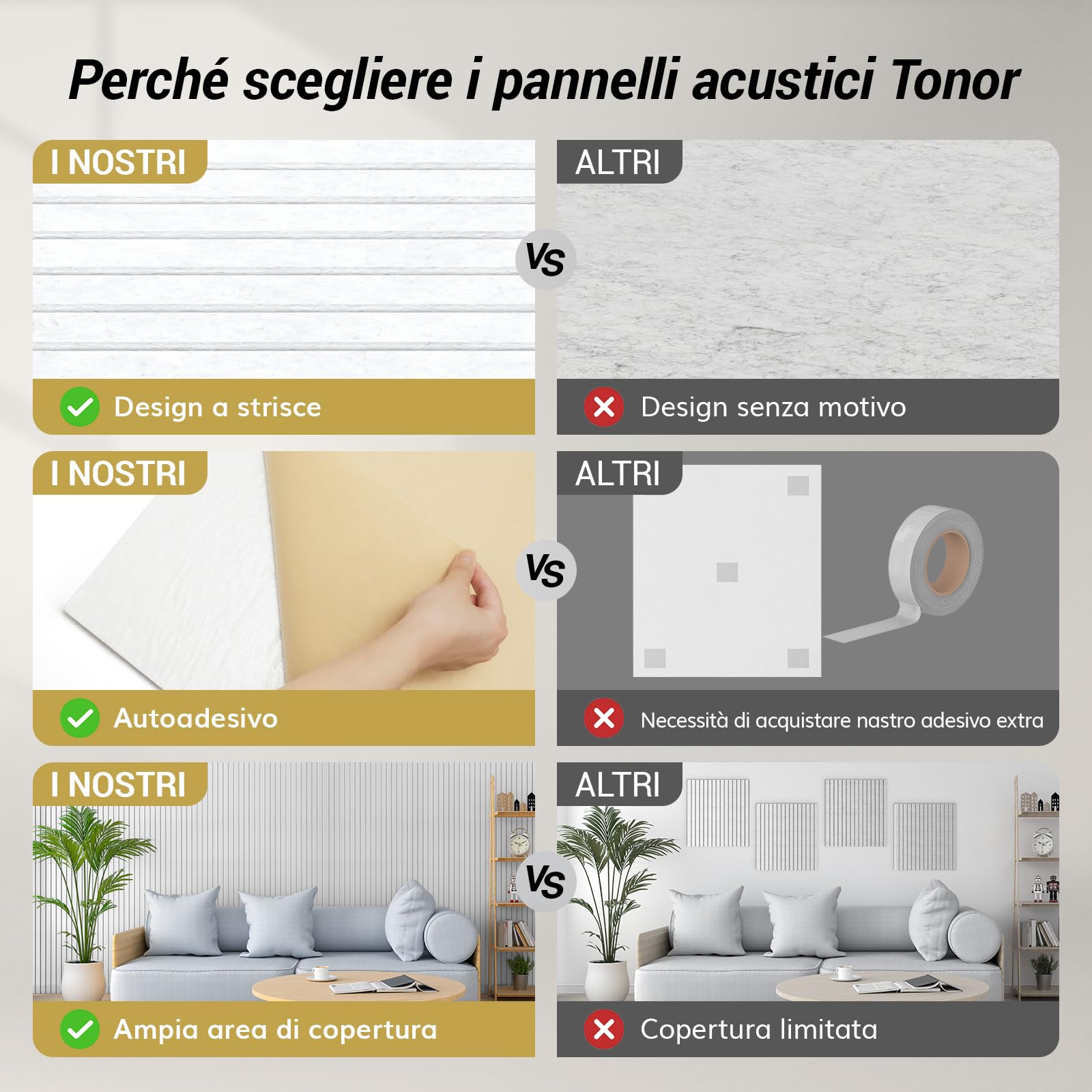 TONOR Pannelli acustici grandi, autoadesivi, 8 pezzi, 120 x 60 x 0,9 cm (5,76 m²), pannelli da parete autoadesivi realizzati con pannelli di isolamento acustico, rivestimento murale per pannelli