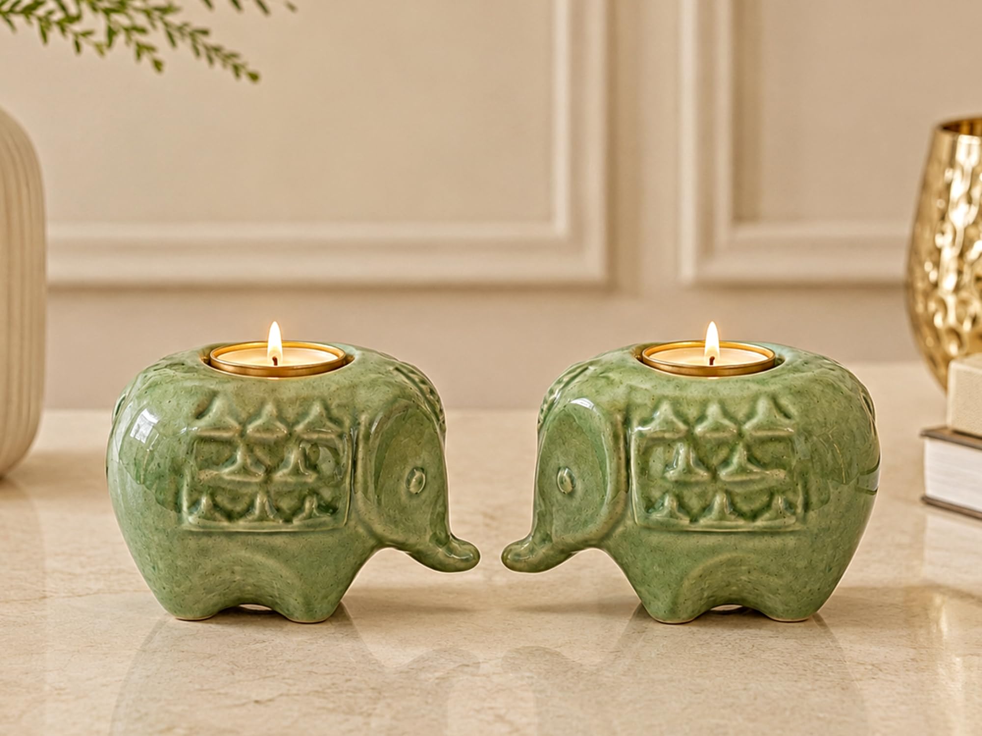 Handcrafted Ceramic Elephant Diya for Puja | Tealight Candle Holder for Dining Table, Home Decor & Gifting | Decorative Candle Holder Votive for Diwali Decor | Pack of 2, Green-image-14
