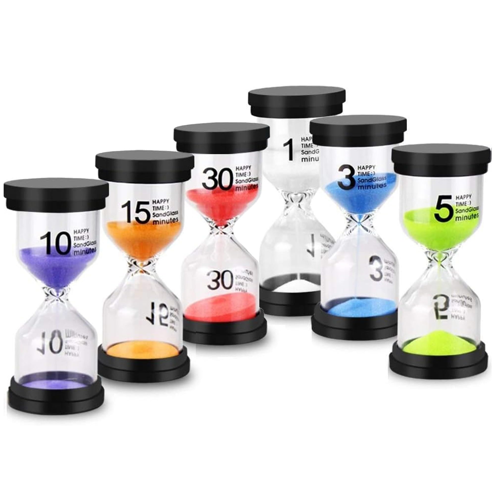Temple Lodge Sand Timers for Kids - Pack of 6 Colourful Hourglass Sand Clocks (1min, 3mins, 5mins, 10mins, 15mins, 30mins) - Perfect for Time Management, Classroom Activities, and Fun Learning