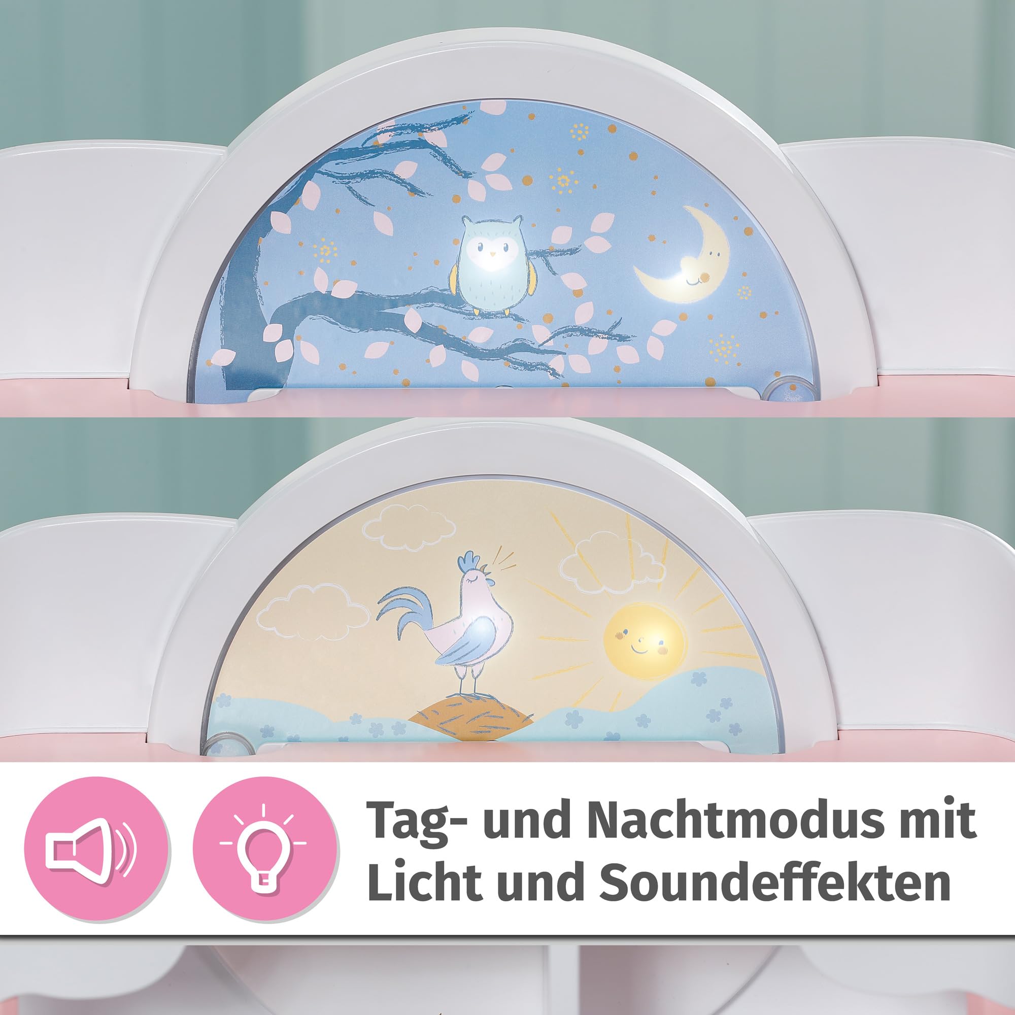 Zapf Creation Baby Annabell, Puppen Wickeltisch, Baby Annabell Day&Night Wickeltisch mit drehbaren Rad in Tag- und Nachtmodus, Licht- und Soundfunktionen, Wickelauflage und 3 Kleiderbügeln, 709672