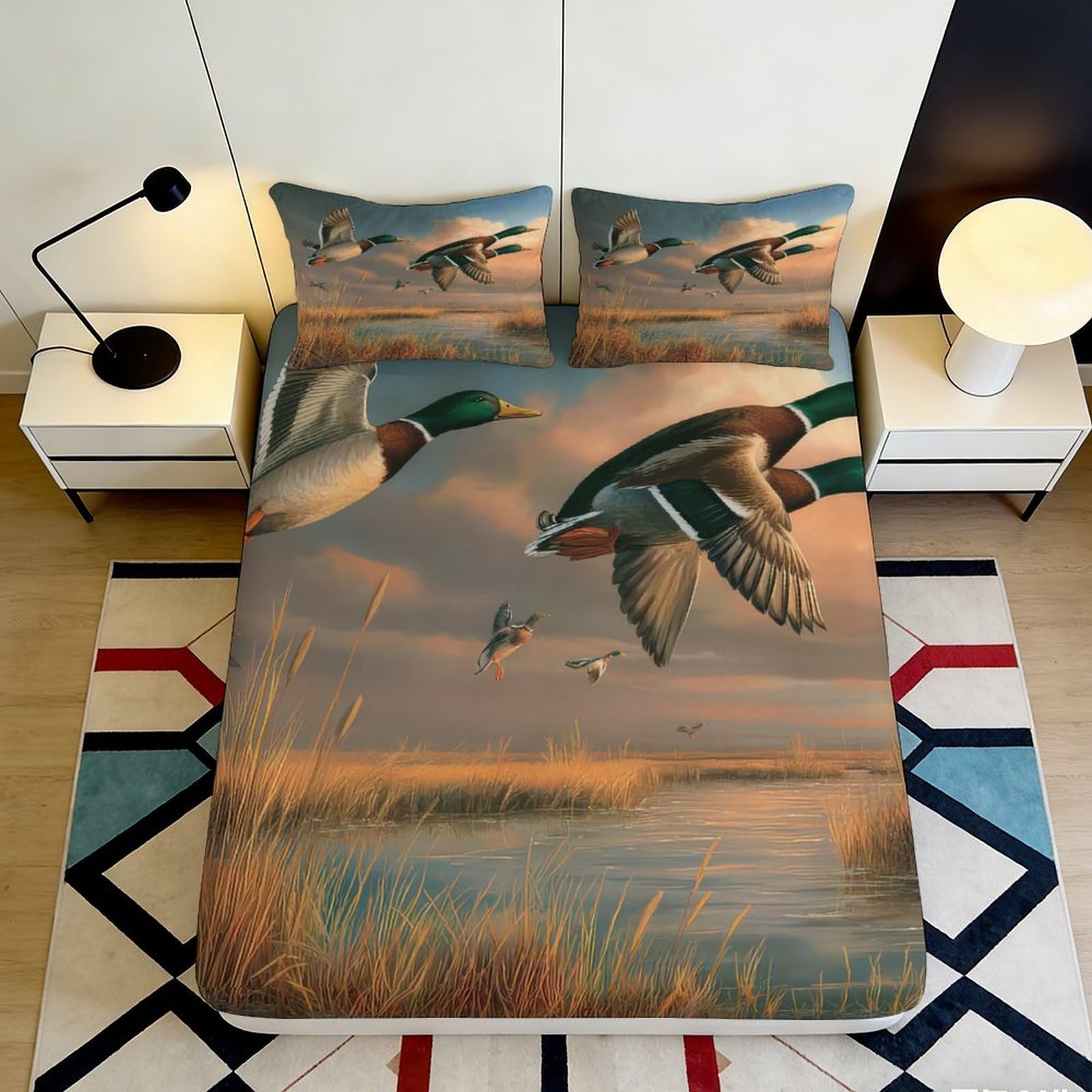 3D Printed Wild Duck Fitted Sheet Microfiber Soft Brown Green Lake Scene Bed Cover for Bedroom Guest Room Decor 90x200x25cm