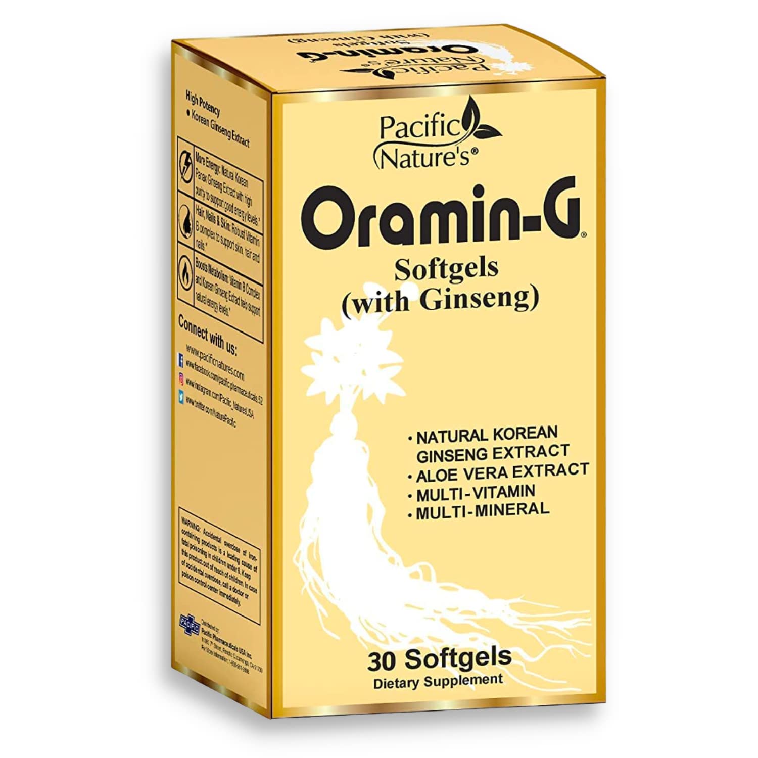 Pacific Nature's Oramin G (30 Softgels) with Korean Ginseng, Aloe Vera, Vitamin B Complex, and Zinc for Energy, Immunity, & Nutritional Support