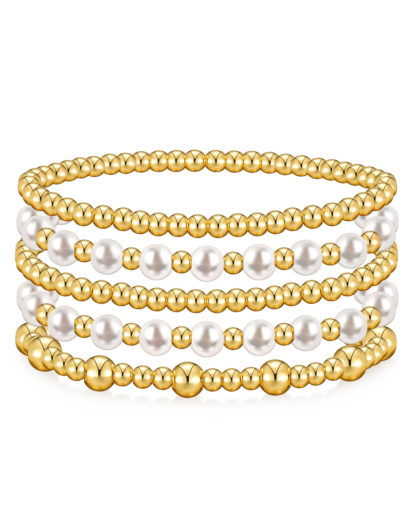 jollone Gold Bracelets for Women Gold Bracelet Stack Pearl Beaded Bracelets for Women 14K Gold Plated Stretch Bead Ball Bracelet Sets Jewelry for