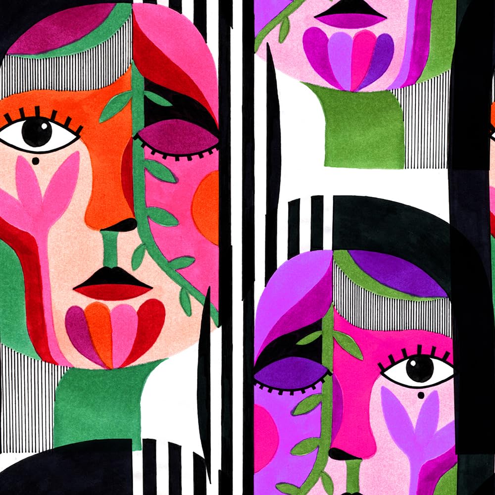 VistaPalette 18"x236"Modern Abstract Green/Pink Human Face Peel and Stick Self Adhesive Wallpaper Removable Contact Paper Stick on Easy Peel Off Wall