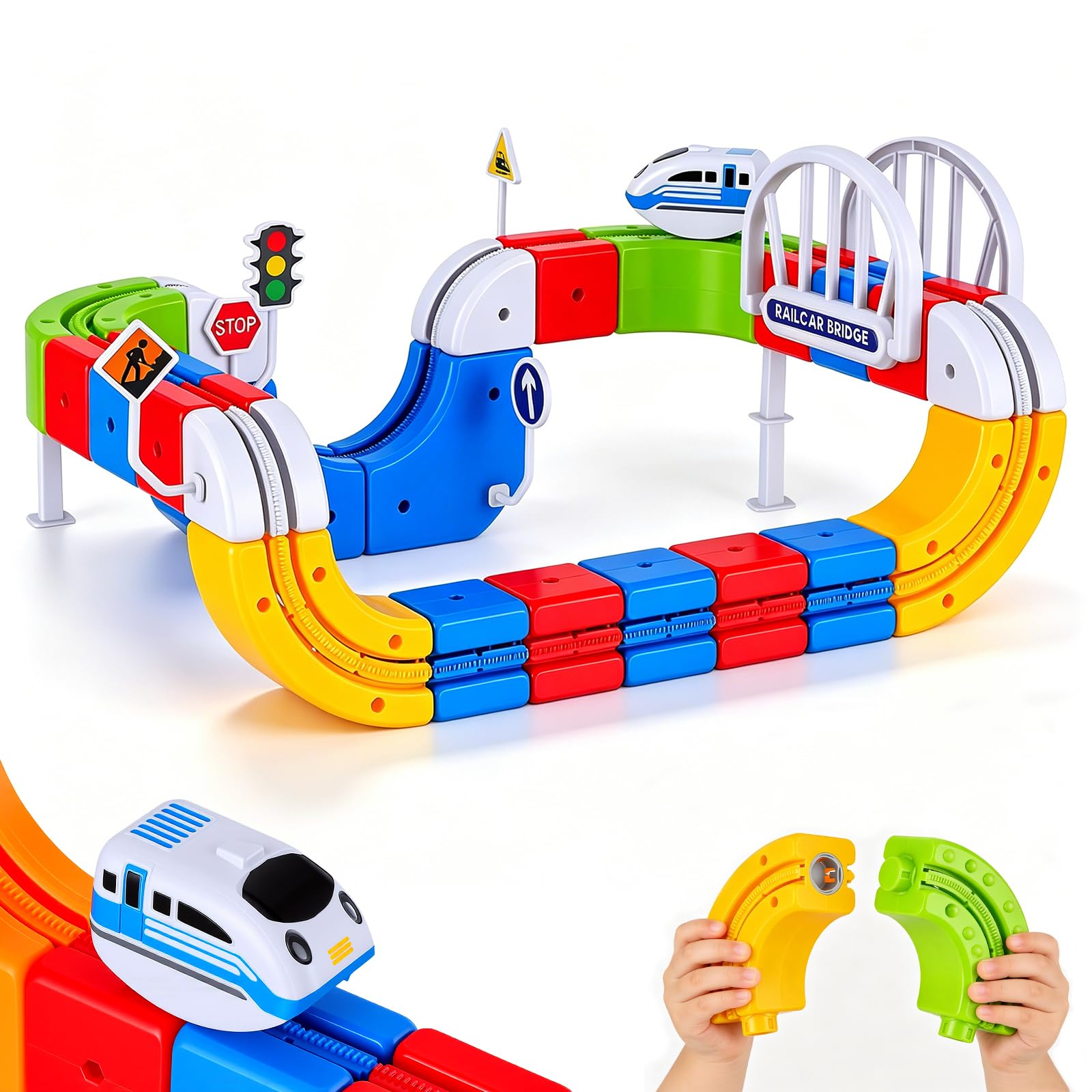 Tren Eléctrico Niños 82 Piezas con 1 Tren – Pista 3D Antigravedad klick-Rail, Bloques de Construcción DIY Cube Track, Juguete Educativo Stem para Niños de 4 a 8 Años