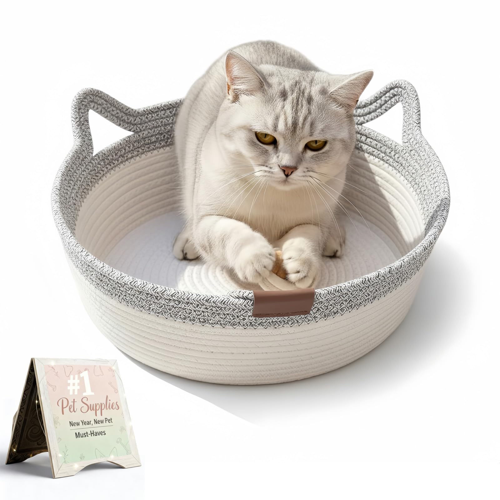Instinct Basket for Cats - Handwoven Cotton Rope Enrichment Bed with Attached Toy Tail, Scratchable Interactive Pet Nest Features Flexible Walls to Fight Boredom & Protect Furniture (Gray, L)