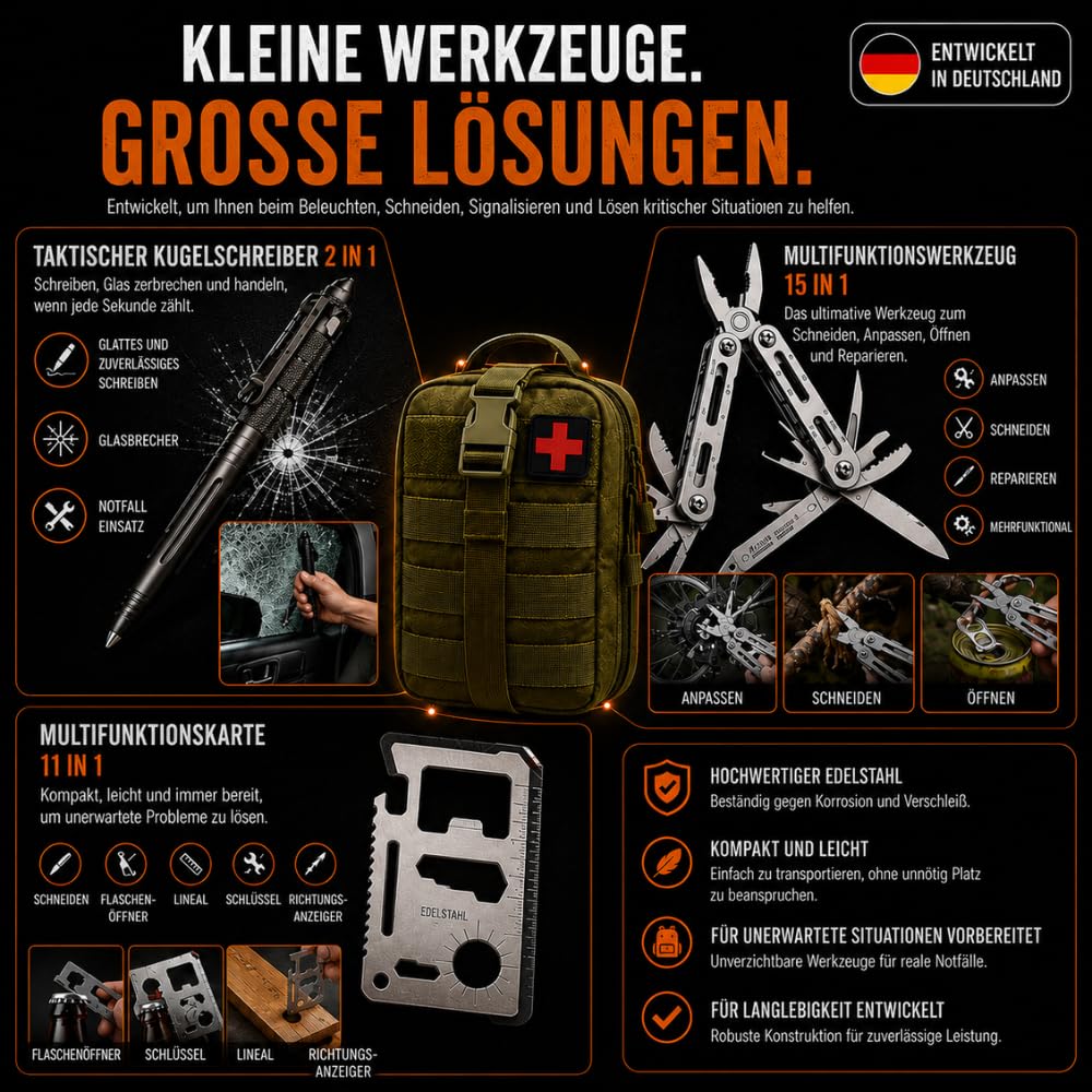 EU 2025 Survival Kit mit Rucksack, Apothekenkoffer und Taschenlampe, Überlebens-Thermodecke, Militär Profi Survival Messer, Axt, Pflaster, Pfeife und Kompass