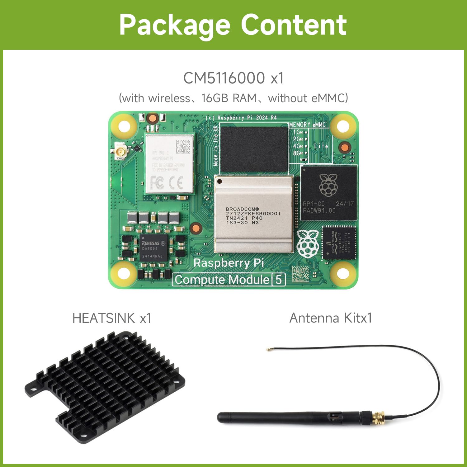 Waveshare CM5 Pi Compute Module 5，Comes with an Official Raspberry Pi CM5116000 (with Wireless, 16GB RAM, 0GB (Lite) eMMC Flash), an Antenna Kit and a HEATSINK