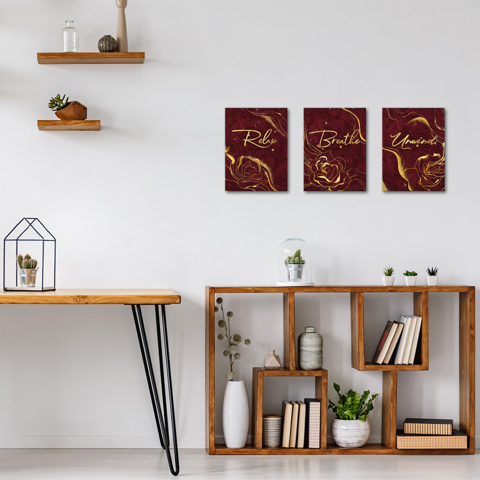 LoveHouse Arte de pared para decoración de baño, diseño abstracto de Burgund con texto en inglés "Relax Unwind Breathe"