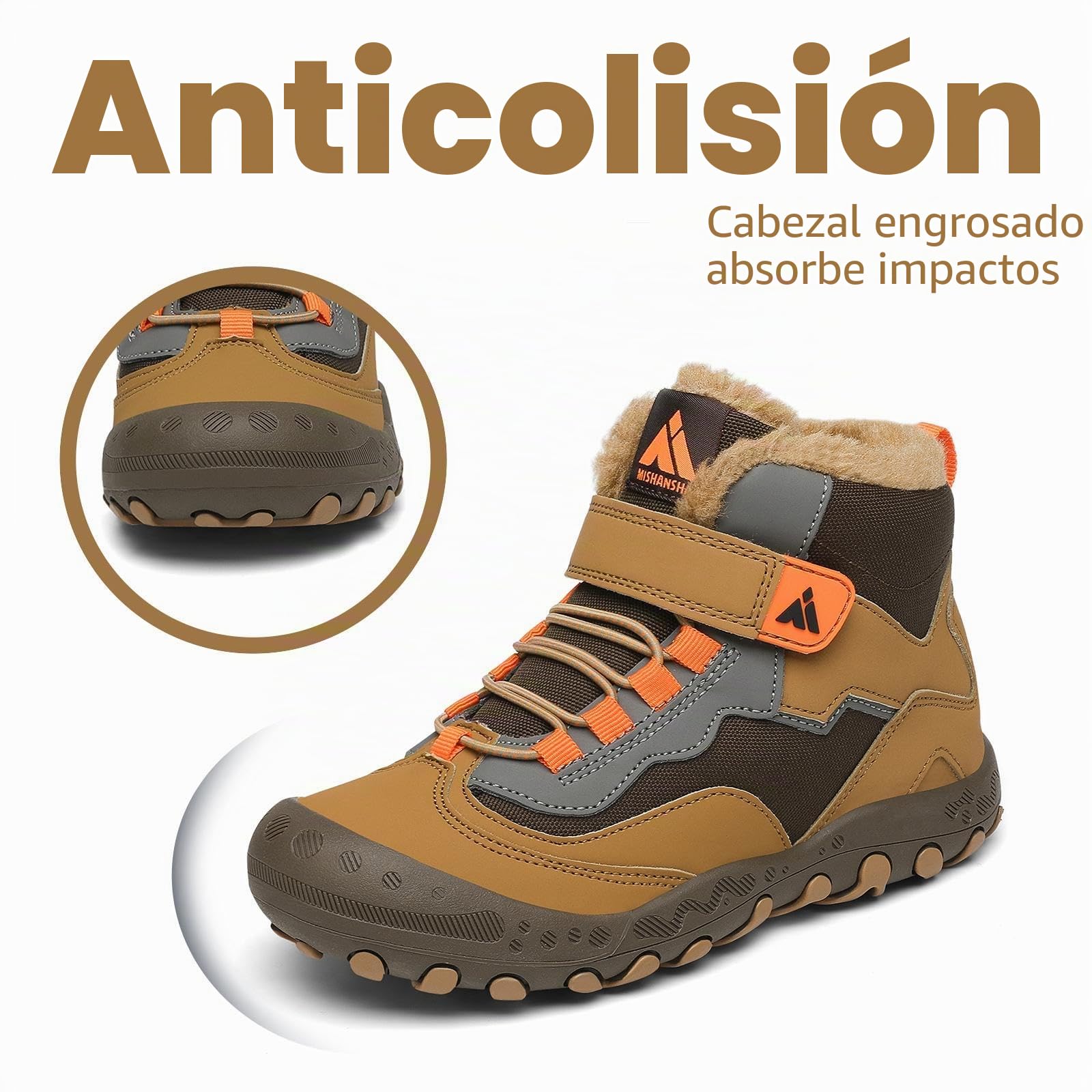 Mishansha Botas de Nieve Niño Botas Antideslizantes, Marrón 35 | Forro cálido, cierre de autollenado, puntera reforzada, suela con dibujo, colegio, paseos, nieve