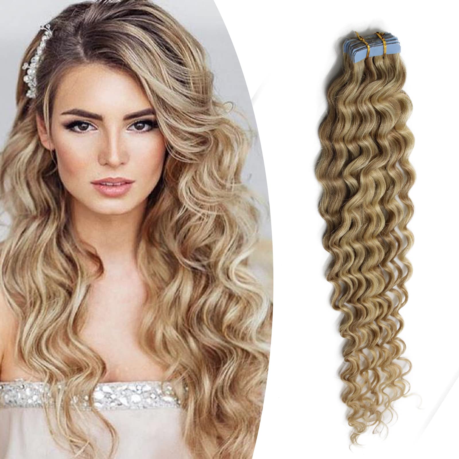 Yotty 18Inch 45cm Tape-in Curly Hair Extensions Seamless Tape Weft Remy Human Hair (18inch20pcs40gram, 18/613)