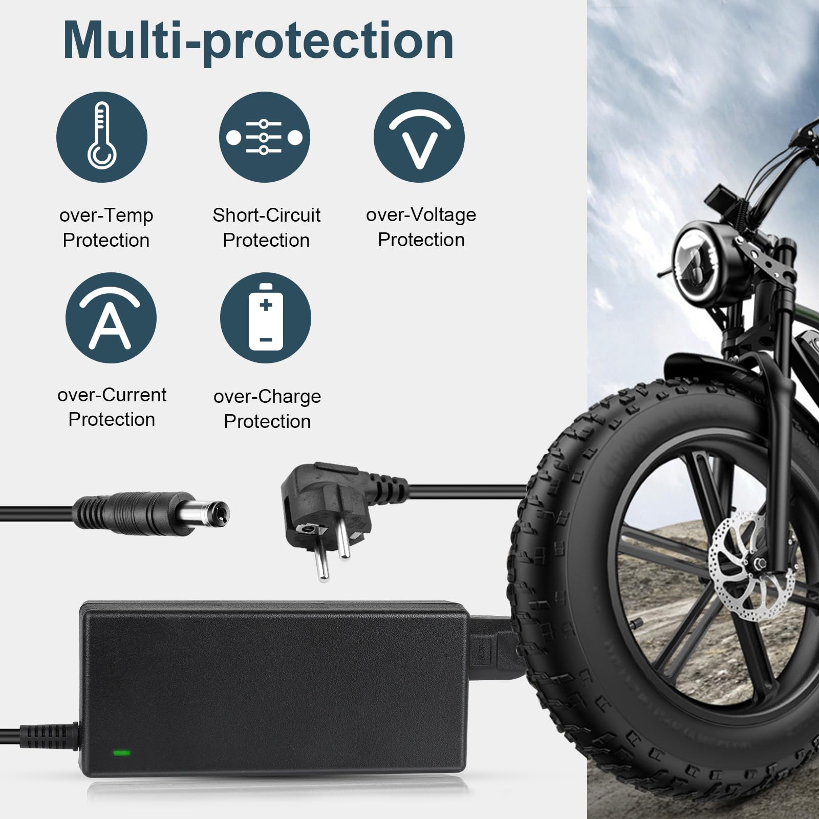 LabTEC Caricabatterie bici elettrica 42V 2A per 36V 2A 10S batteria Li-on Caricatore Monopattino, Adattatore bici Elettrica Hoverboard Scooter Ninebot Xiaomi 365 4 in 1 Universale Connettori