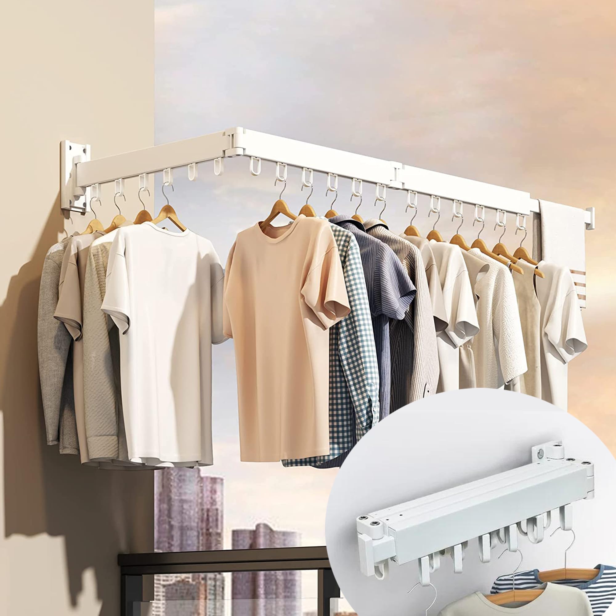 SOLE Module Wall Mounted Foldable Clothes Drying Rack Aluminium | Balcony Cloth Space Saving | Indoor/Outdoor Clothesline | Heavyduty Collapsible Dryer Hanger for Laundry | 3-Pole,18 Hooks (White)