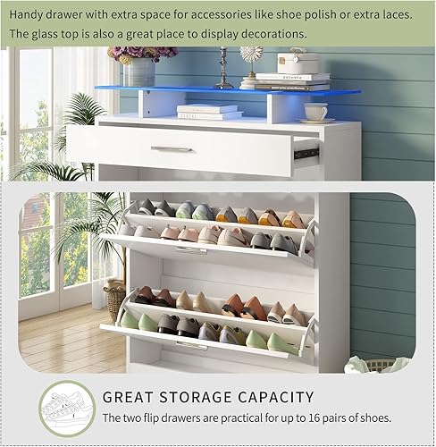 Miniatura 4 de Zapatero delgado oculto con pantalla de luz LED, parte superior de cristal, 16 pares de almacenamiento de zapatos, 2 cajones abatibles, armario de