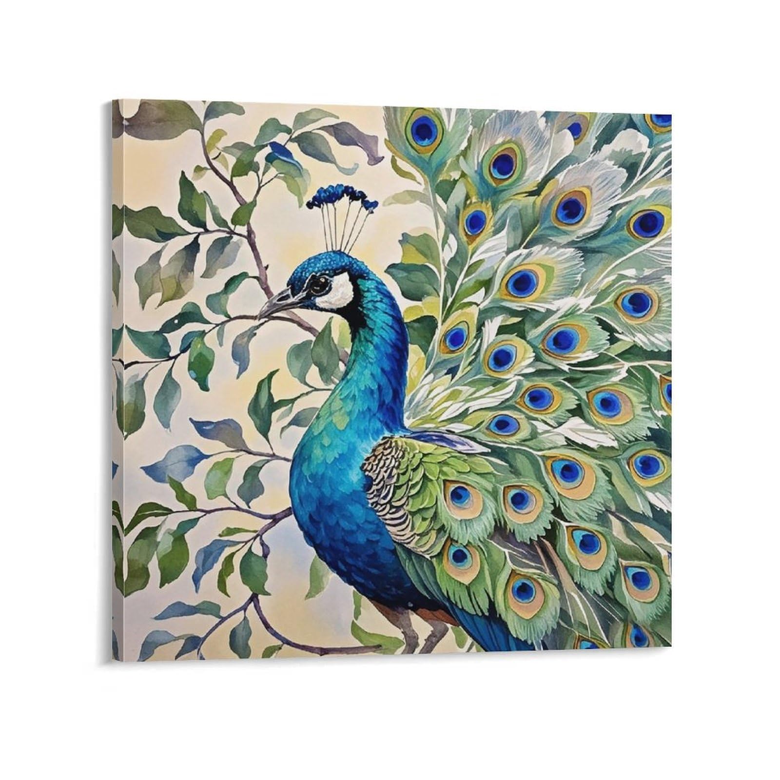 Toile murale abstraite paon peinture aquarelle décoration salon 50x50