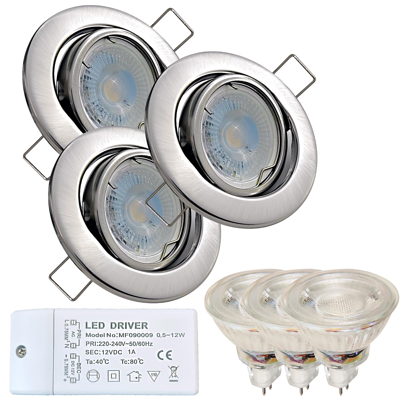 3er Set LED Deckenspots 12V MR16 5W Warmweiß 45° schwenkbar in Edelstahl Optik – inkl. LED Trafo, GU5.3 Fassung & Leuchtmittel – Halogen Upgrade Kit für Wohnzimmer, Küche, Flur und Hohlraumdecken