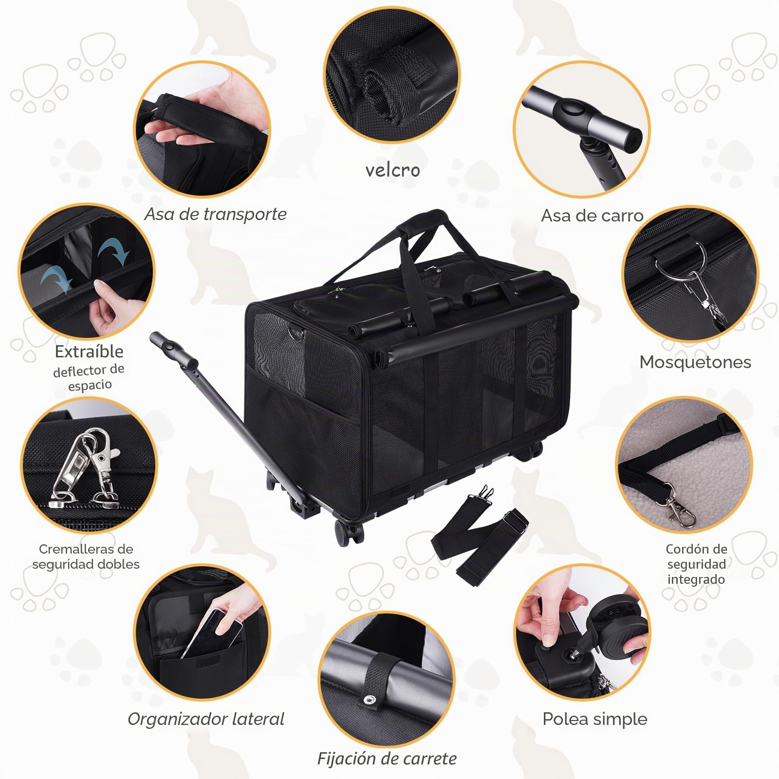 Portamascotas extragrande con dos compartimentos y ruedas desmontables para gato/perro, transportador plegable para 2 gatos, bolsa de viaje para paseo/camping (negro)