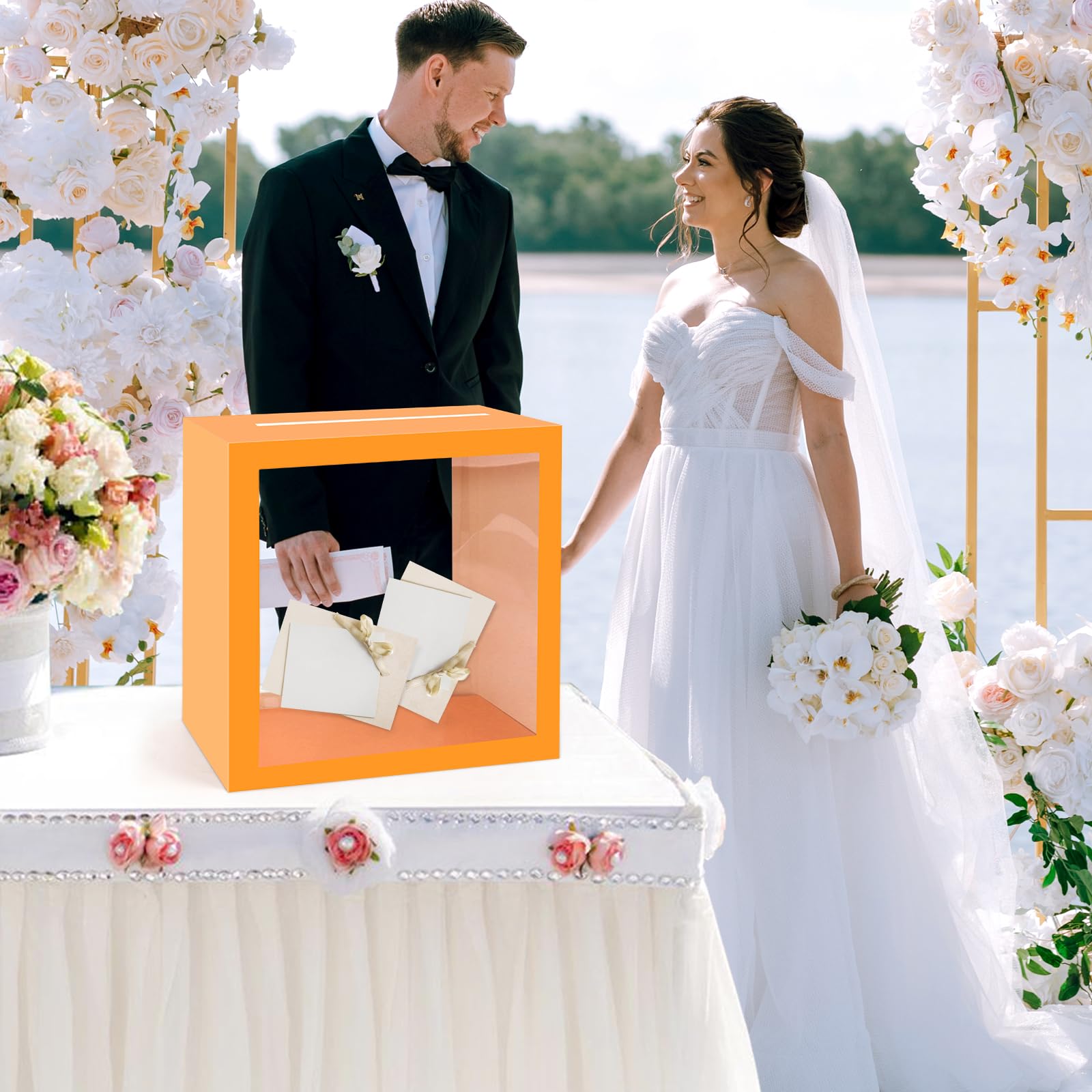 Pomarańczowe pudełko na karty z przezroczystym okienkiem pogrubione ślubne skarbonka na przyjęcie weselne urodziny ukończenie szkoły baby shower rocznice przejście na emeryturę dekoracje