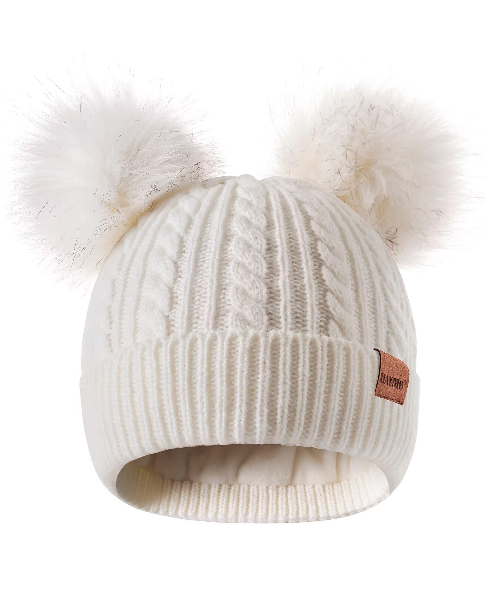 HAITHO Winter Hat for Kids Toddler Children, Girls Beanie with Double Pom Pom Warm Fleece Lined, Girls Accessories Knit Cap
