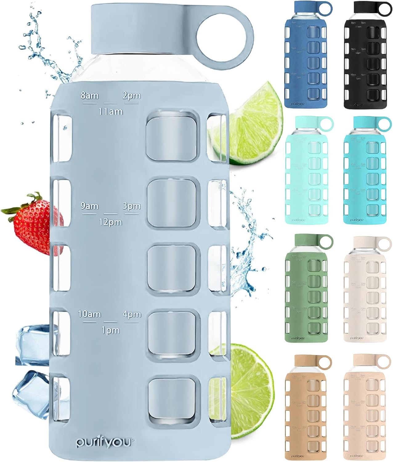 purifyou 40oz / 32oz / 22oz / 12oz Borosilicate Glass Water Bottle with Time & Volume Markers, Silicone Sleeve, Stainless Steel Lid | Reusable Glass Bottle for Water & Juice (22oz Ice Blue)