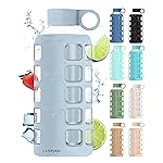 purifyou 40oz / 32oz / 22oz / 12oz Borosilicate Glass Water Bottle with Time & Volume Markers, Silicone Sleeve, Stainless Steel Lid | Reusable Glass Bottle for Water & Juice (22oz Ice Blue)