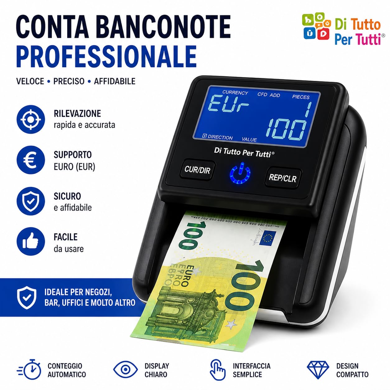 Di Tutto Per Tutti® Rilevatore Verifica Banconote False Conta Soldi 2 in 1 | Money Detector Aggiornabile con USB Potatile 2026