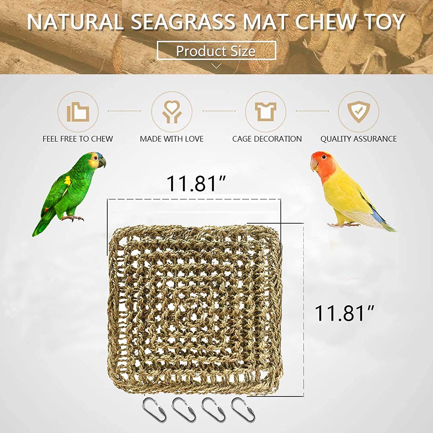 Vogel-Matte aus Seegras, natürlichem gewebtes Netz, Vogelsuche, Kauspielzeug, Hängematte, Matte mit Haken für Sittiche, Nymphensittiche, Hängematte N