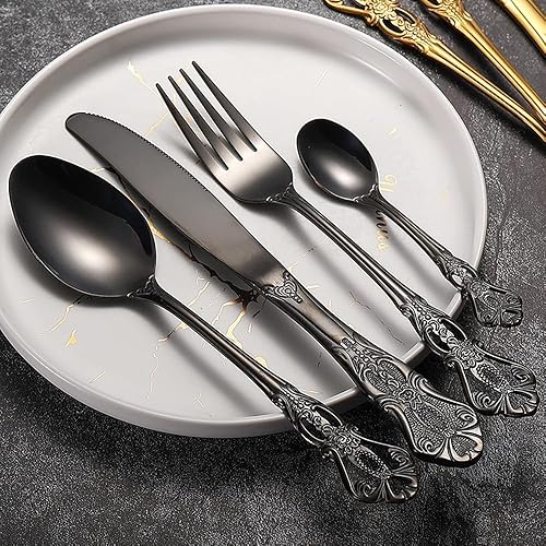 Juego de cubiertos negros para 4, juego de cubiertos Royal Court de 16 piezas, juego de cubiertos vintage en relieve, incluye cuchara tenedor y