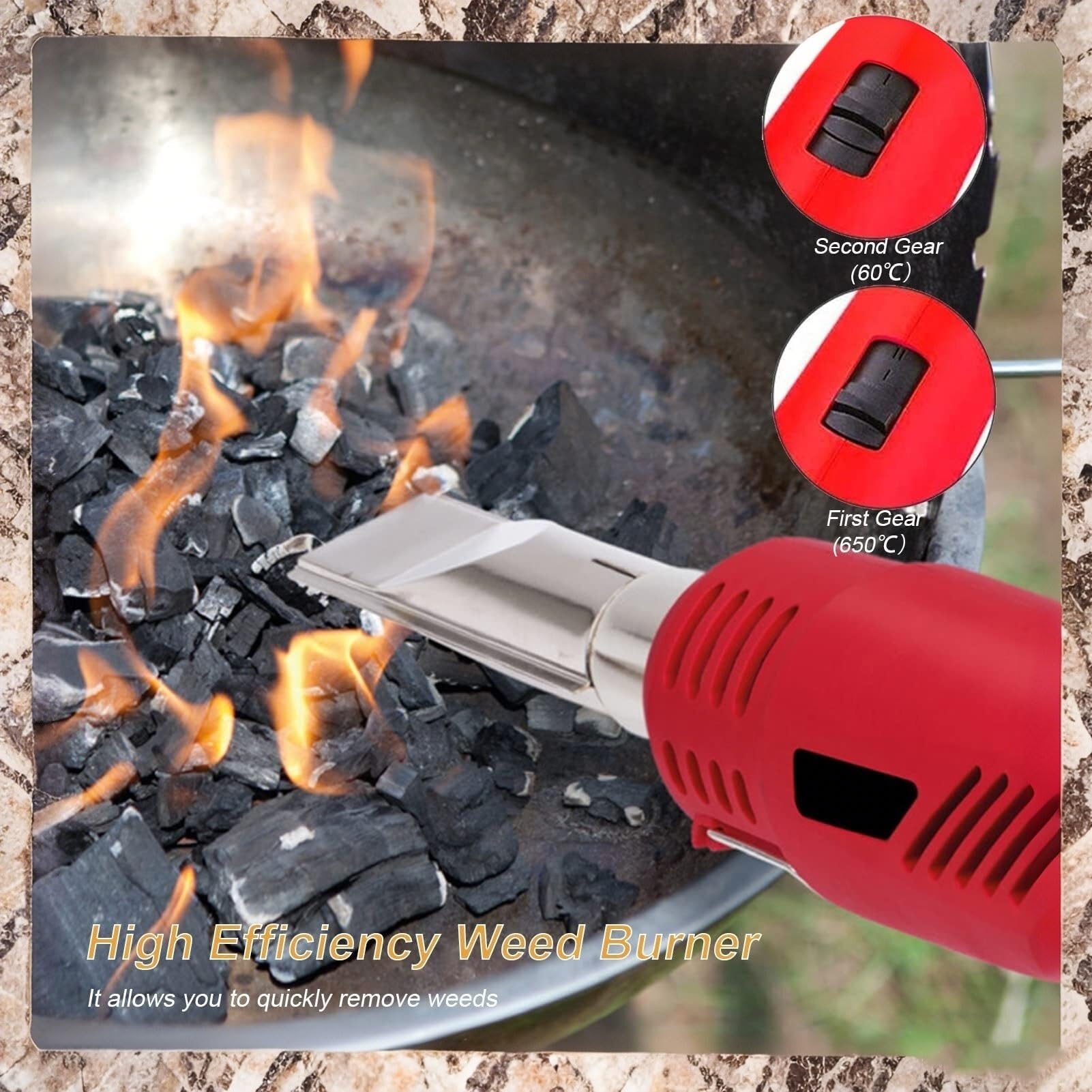 Diserbante Termico Elettrico 2000W - Bruciatore A 650℃ con Accenditore BBQ, 2 Ugelli + Cavo 1,8m per Giardino/Terrazza (modalità Fiamma & Aria Calda)