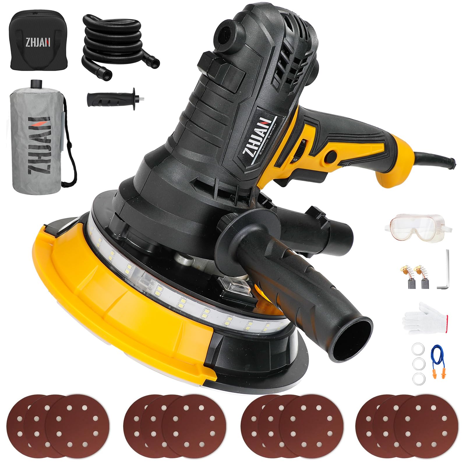 Levigatrice Per Muro 900W,Levigatrice a Secco1400-2700RPM,trasmissione a 5 velocità,Luce LED, Aspirazione Polvere Automatica,Tubo Flessibile e 12 Dischi di Levigatura,Smerigliatrice da parete