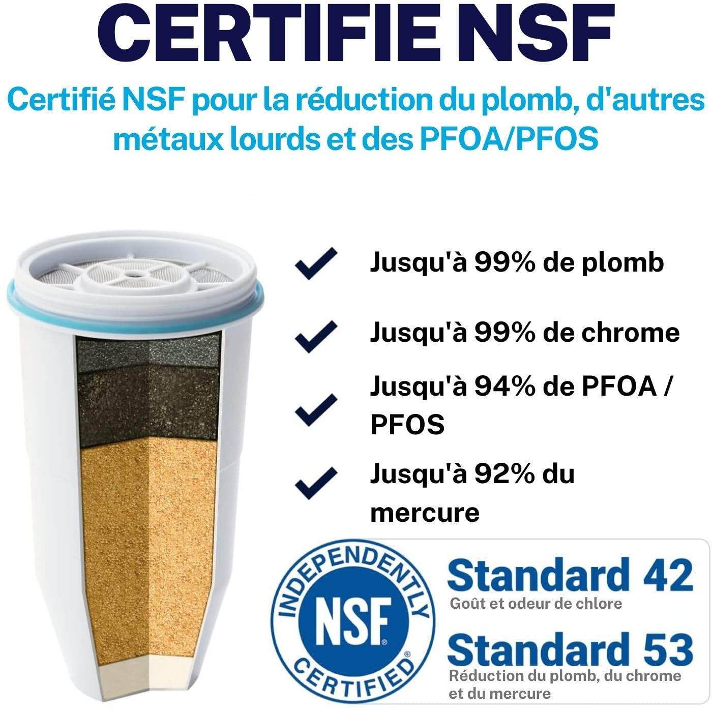 ZeroWater Carafe filtrante d'eau en 5 étapes 1,7L, certifiée NSF pour la réduction des particules de plomb, les métaux lourds et les SPFO/APFO, Blanc et Bleu