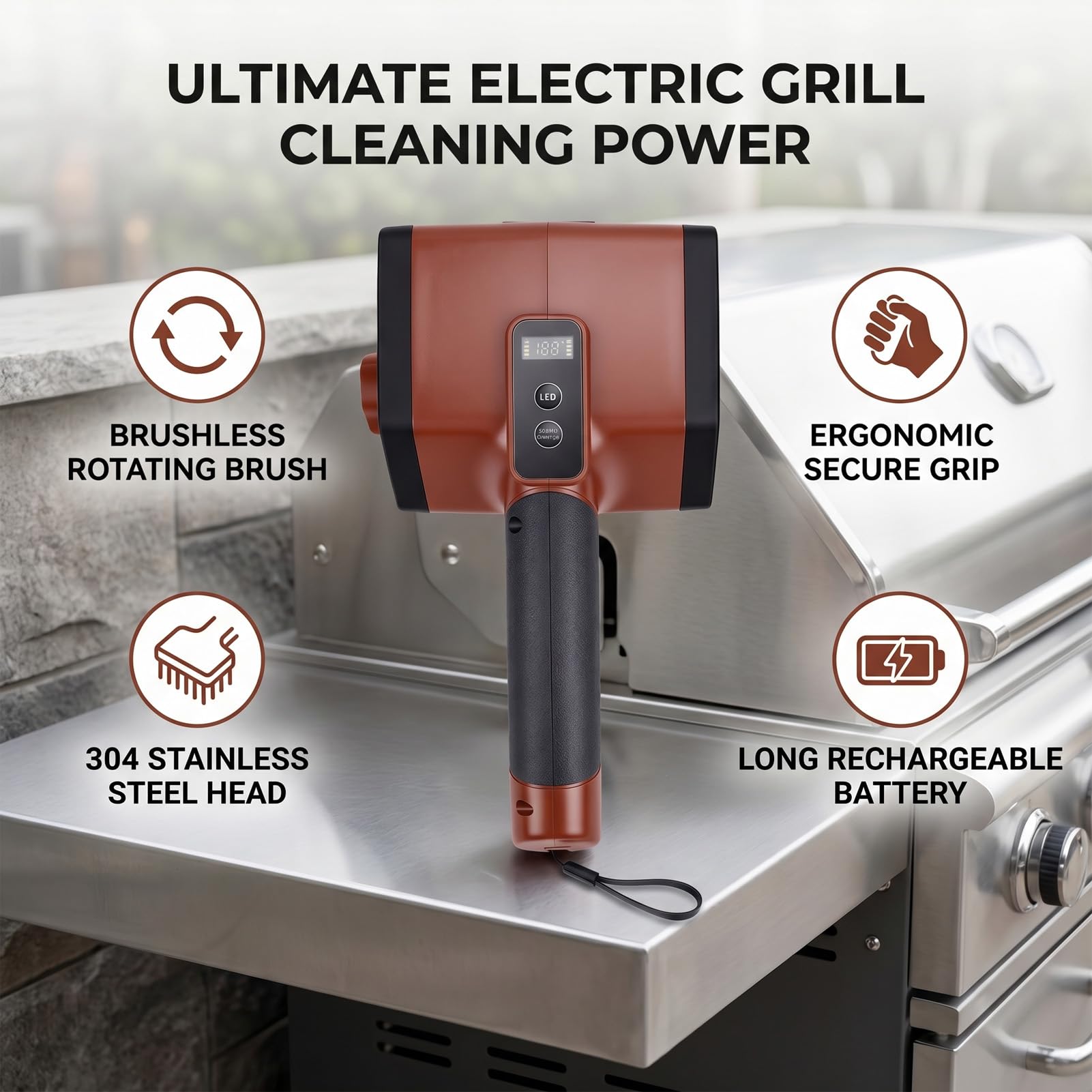 AMONIDA Cepillo Eléctrico para Parrilla, Herramienta Ergonómica de Limpieza para Barbacoa, para Acampar, Uso Al Aire, Recargable, 3000mAh