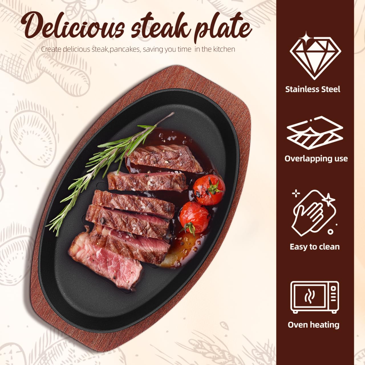 Toyvian Sartén Parrilla de Hierro Fundido con Base de Madera Placa para Asar Carne y Pescado Plancha Teppanyaki para Hogar y Cocina