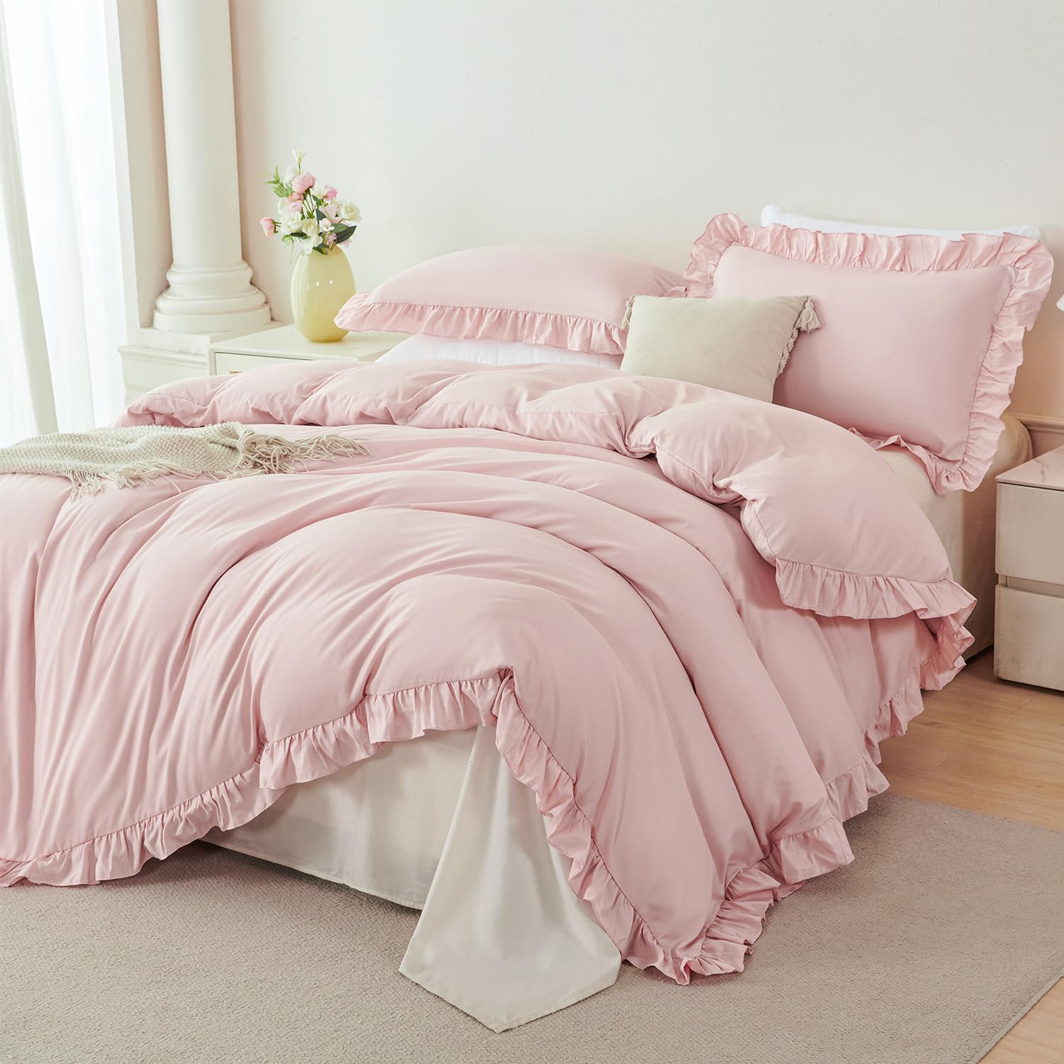 STYHO Ruffle Duvet Cover Set Double 3 Pcs Blush Pink Ruffled Frills Bedding Set with Pillowcase All Season Soft Microfiber Rustic Boho Plain Quilt Covers, 200x200cm
