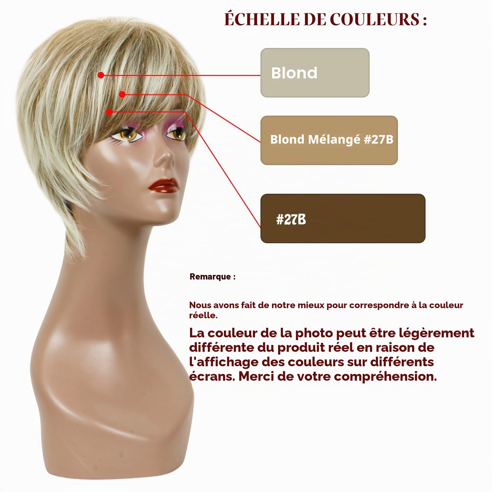 Creamily Perruques blondes courtes pour femme, coupe Pixie avec frange, cheveux synthétiques naturels lisses, perruque courte pour femme, perruque quotidienne, cosplay, fête, blond mélangé marron