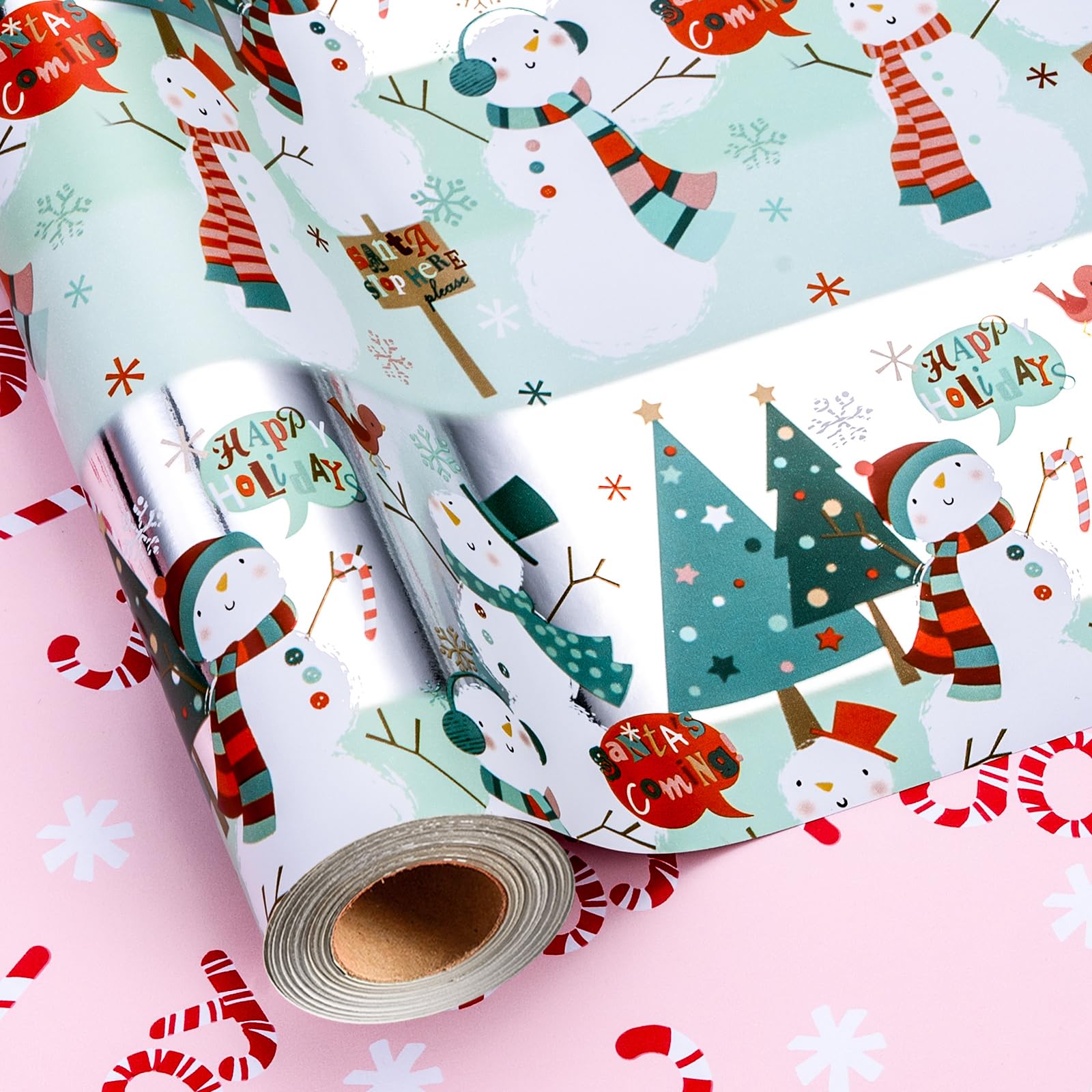 MAYPLUSS Snowman Christmas Wrapping Paper, Metallic Foil Reversible Winter Wonderland Festive Gift Wrap with Snowmen and Candy Cane Design for Present, Holiday Gift Packaging (17 Inch X 33 Feet) โ image 1