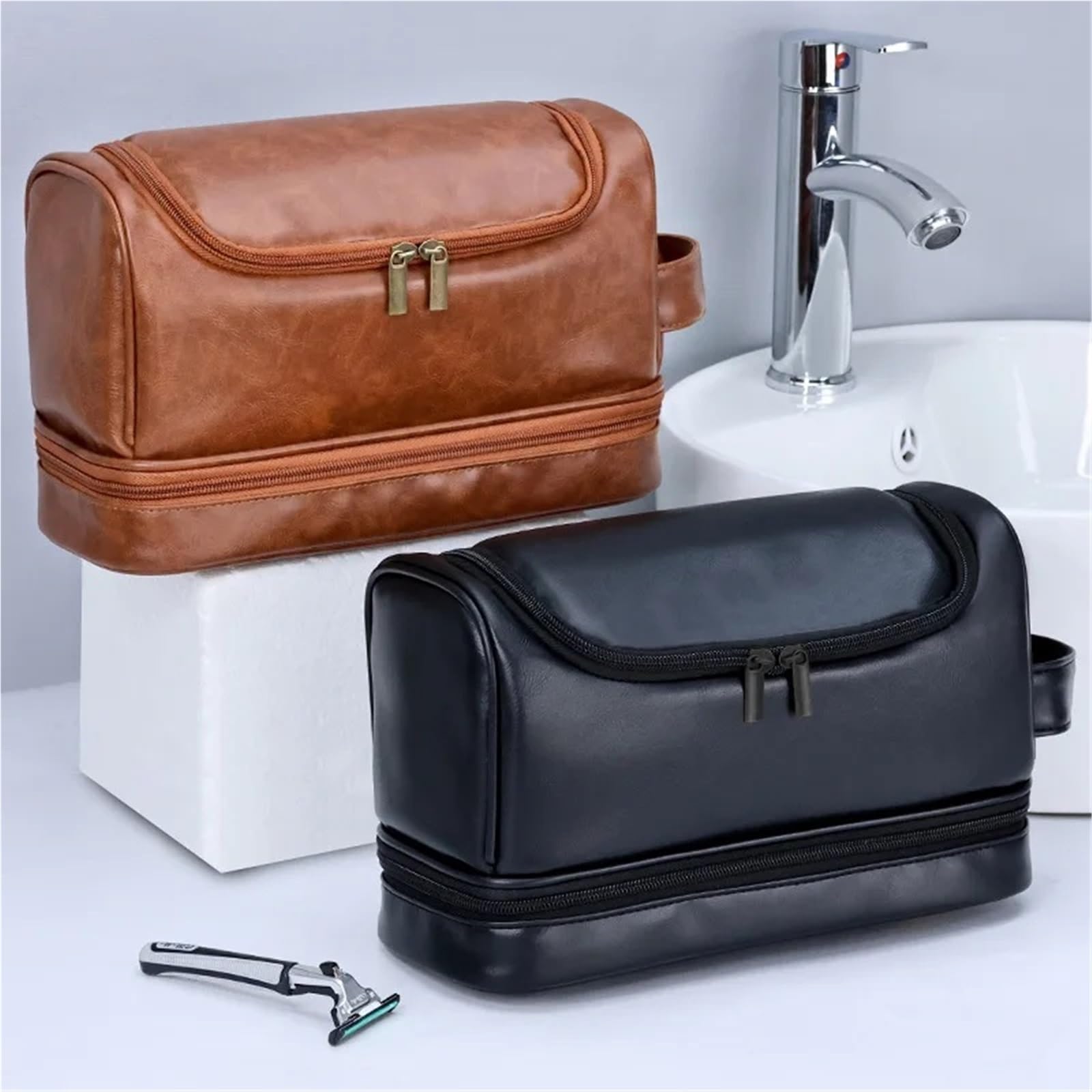 Neceser de Viaje Bolsa de Maquillaje Colgante Gran Capacidad, Piel sintética, for Hombre, con Doble Capa, Organizador artículos Esenciales Viaje(Brown1)