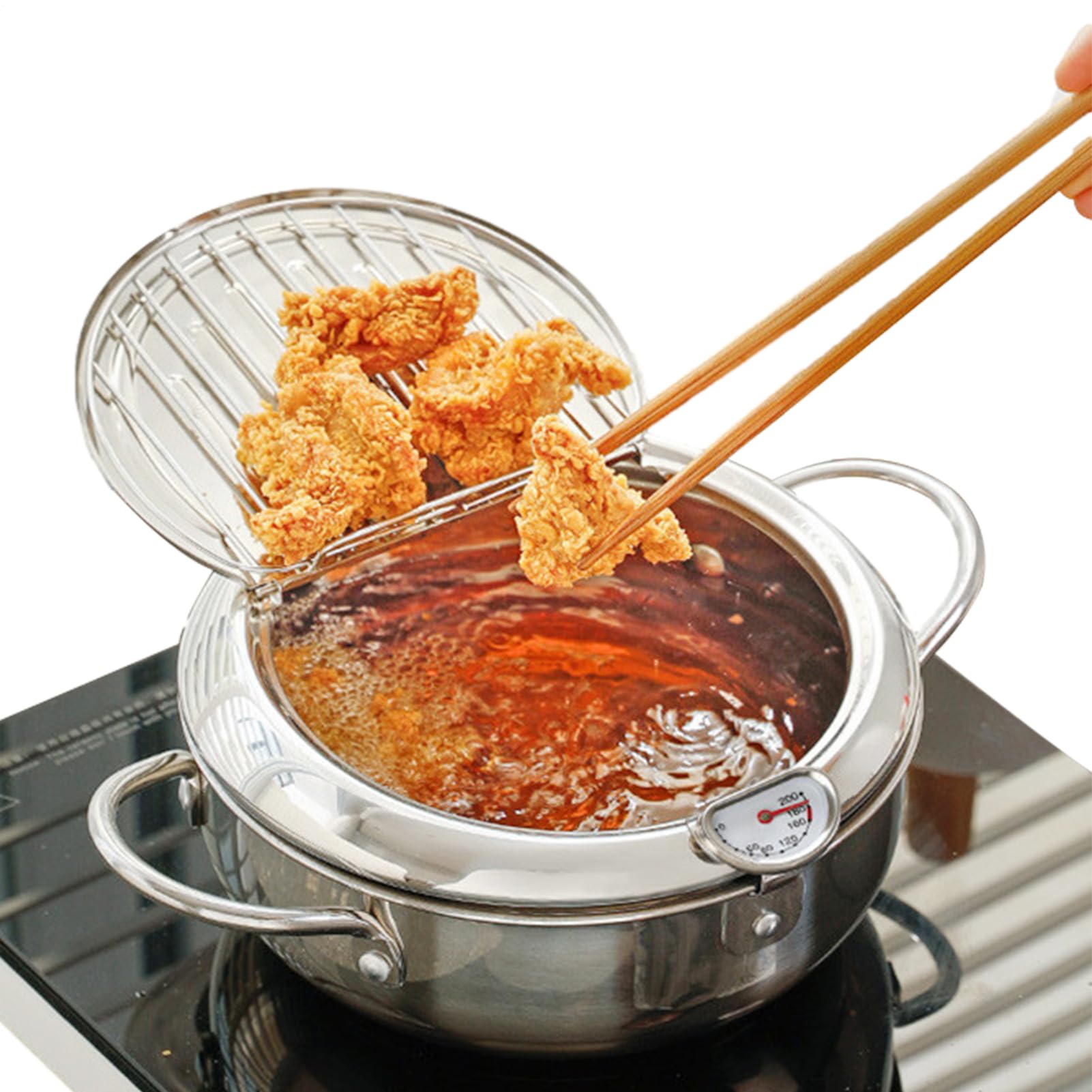 Pentola per friggitrice in acciaio inossidabile, Pentola per friggitrice | con termometri, Friggitrice Tempura in acciaio inossidabile 304 in stile giapponese, facile da pulire e da usare, perfetta pe
