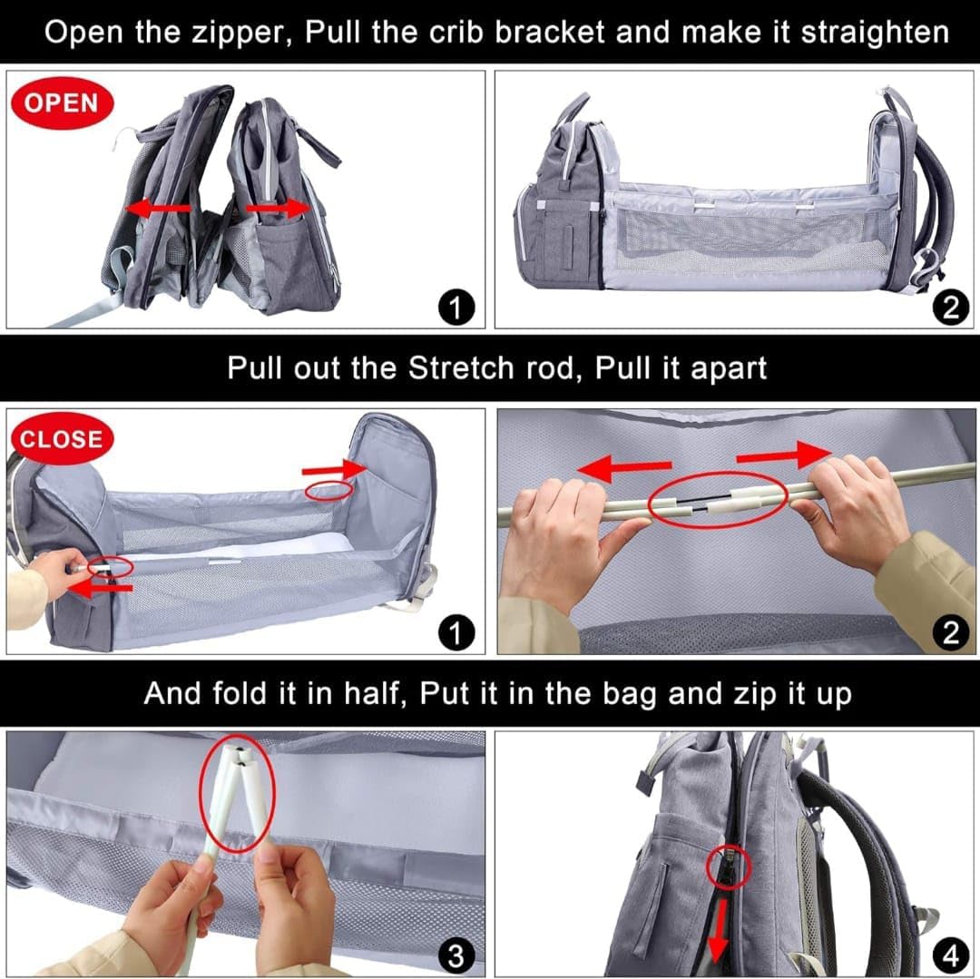 Genérico Mochila de Maternidad con Cuna Portátil Integrada, Bolsa Pañalera Multifuncional Impermeable para Viaje, Gran Capacidad, Organizador Bebé con USB y Cambiador para Mamá y Papá, Gris