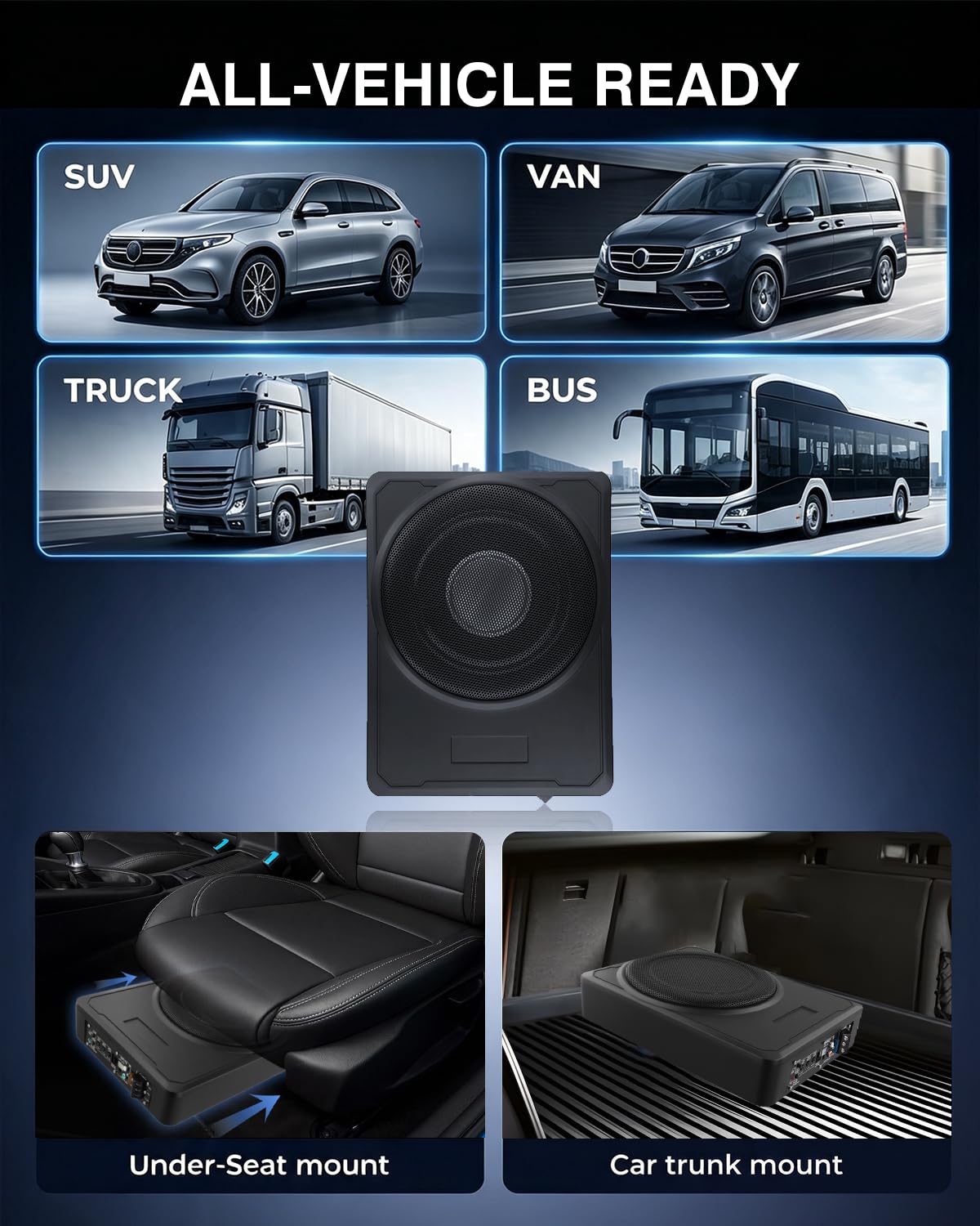 Subwoofer Auto Amplificato Sottosedile, 800W RMS, 1000W Max, 12V