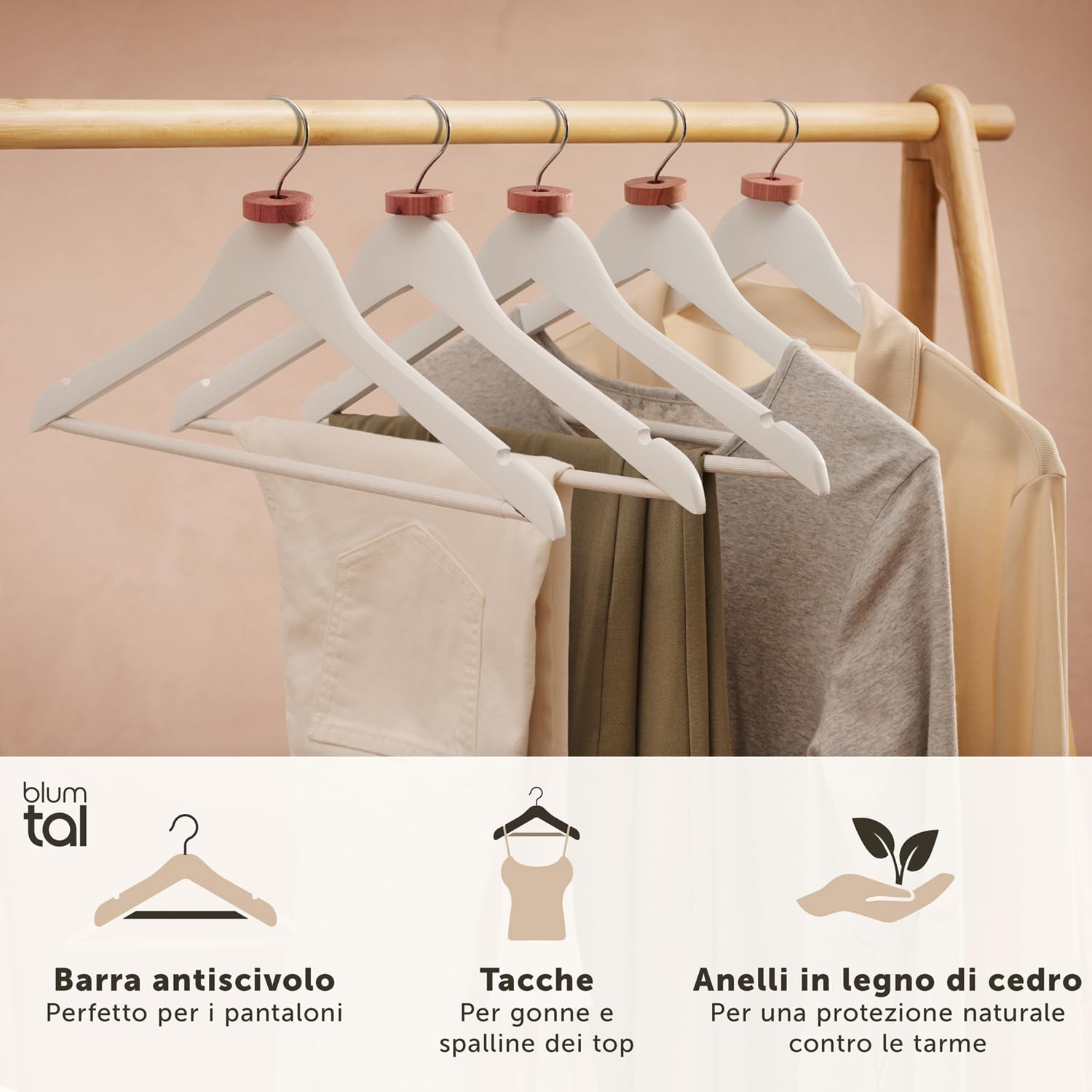 Blumtal Set di 40 Grucce in Legno Bianco – Gancio Rotante a 360° in Metallo, Protezione Antitarme in Legno di Cedro, Rivestimento Antiscivolo e Intagli per Spalle