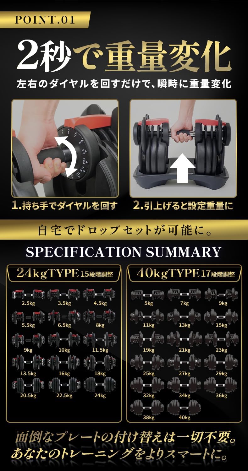Amazon | 【新型 片手で可変】可変式ダンベル【24kg 15段階調整 
