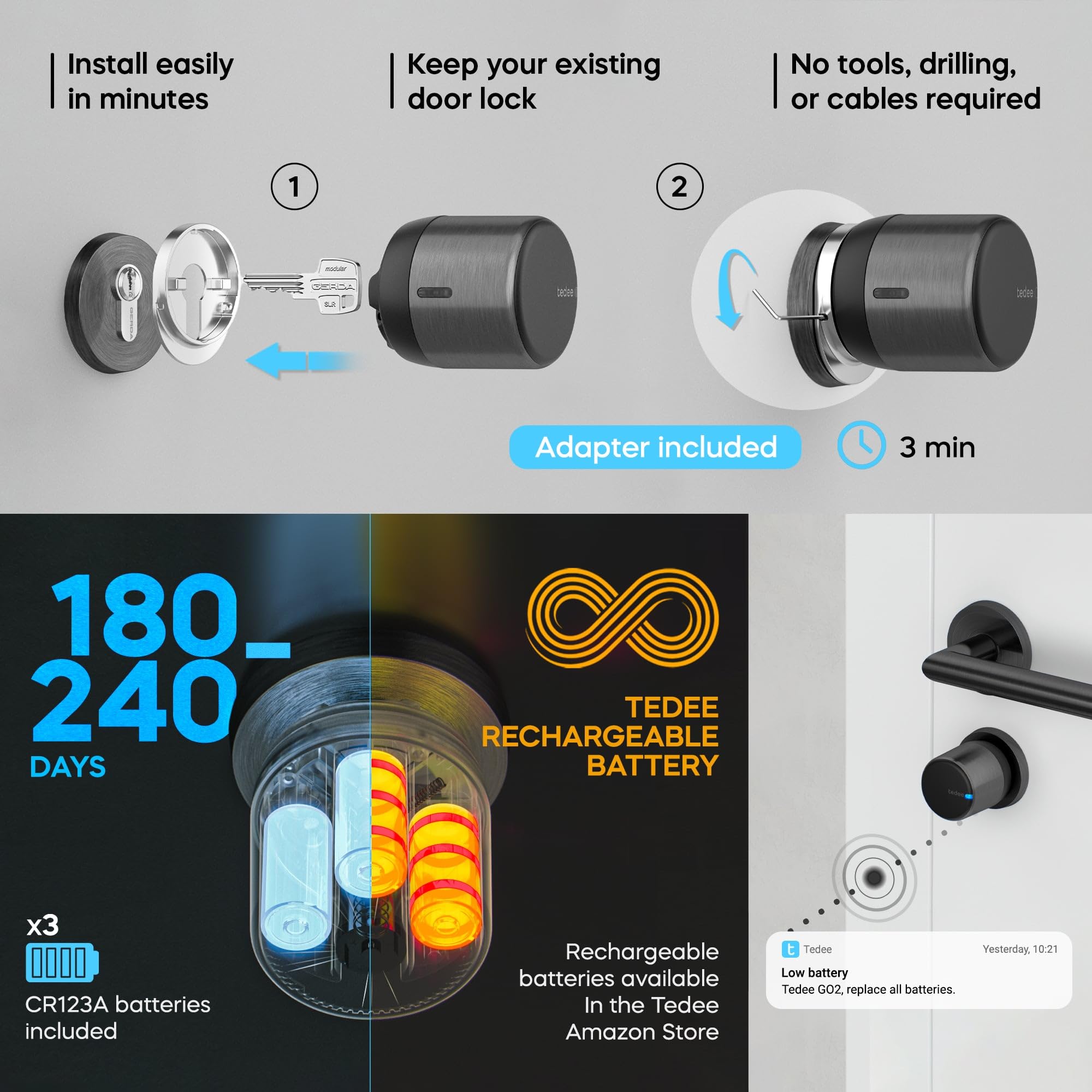 Tedee GO2 Alu Cerradura Inteligente con WiFi, Bluetooth y Sensor de Puerta, Acceso Remoto y Notificaciones por App, Bloqueo Automático sin Llave | Alexa, Google Home, Apple HomeKit, SmartThings Matter