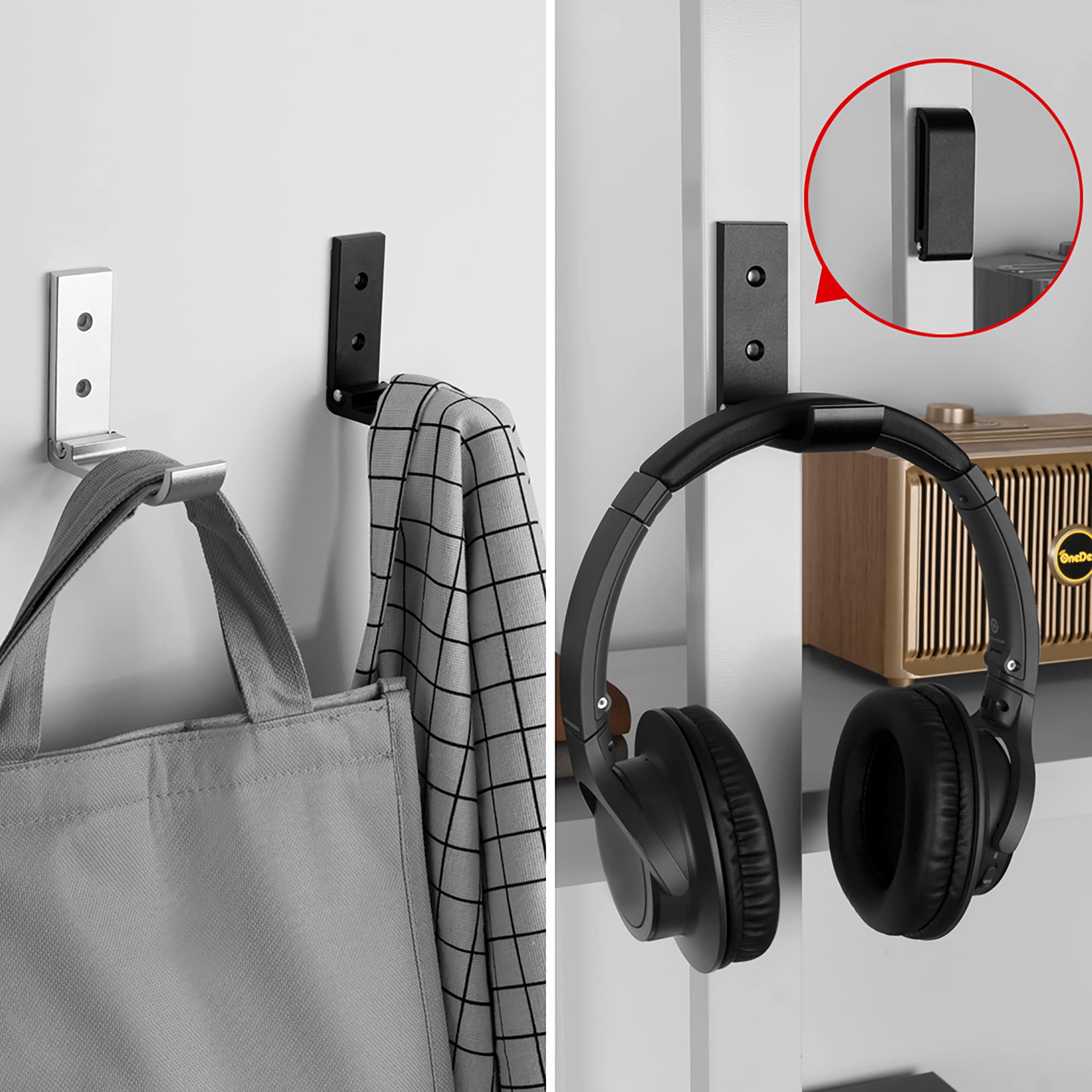 GEEKRIA Foldable Wall Mount Headphones Holder, Headset Wall Hanger, Aluminum Wall Mount Hook, Hold Up to 1kg with 3M Tape, 20kg with Screws, Stand Come with Headband Protective Pad (Black 5pcs)
