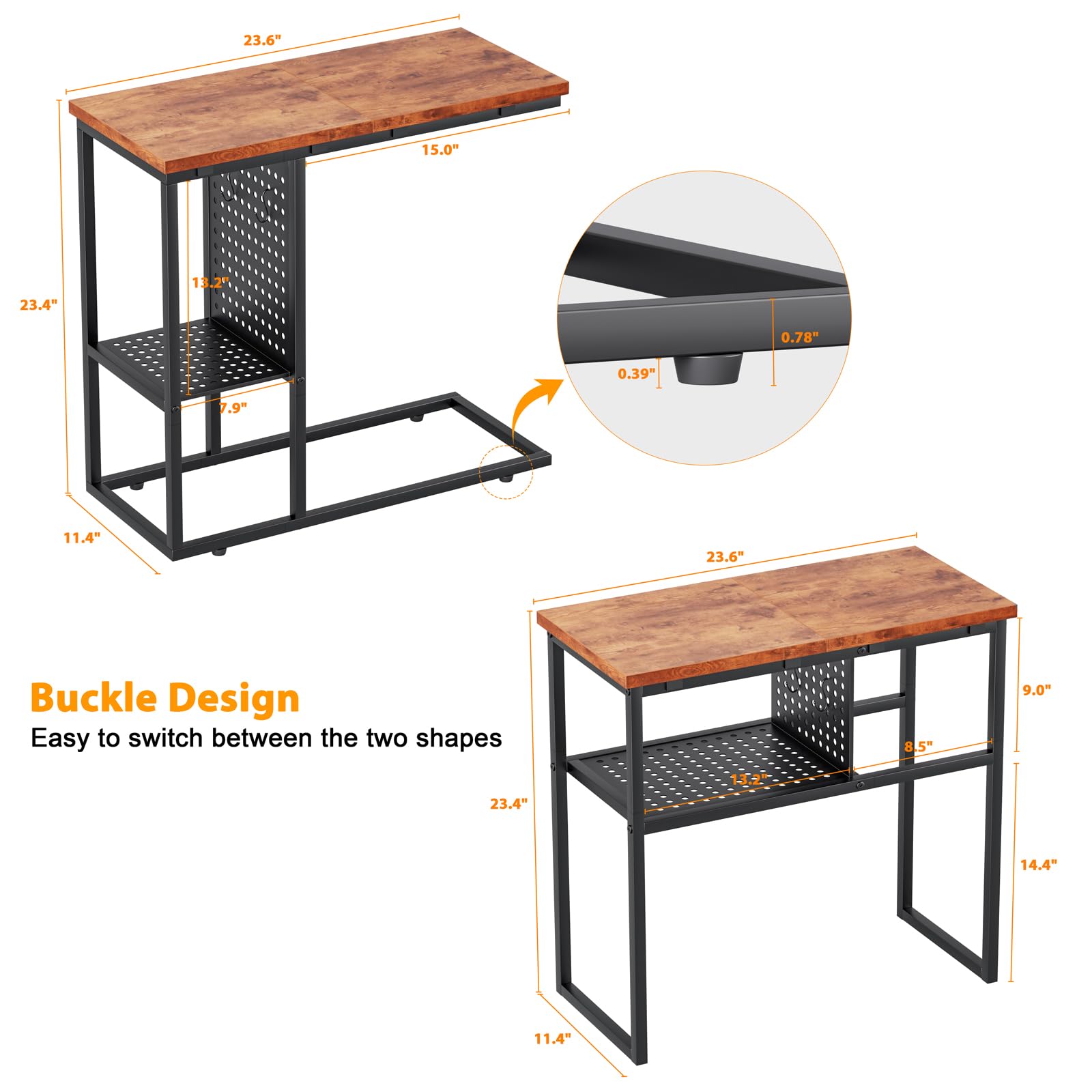 Furologee C Shaped Side Table, End Table for Couch with Shelf, Reversible Couch Desk for Living Room, Metal Nightstand for Bedroom, Rustic Brown