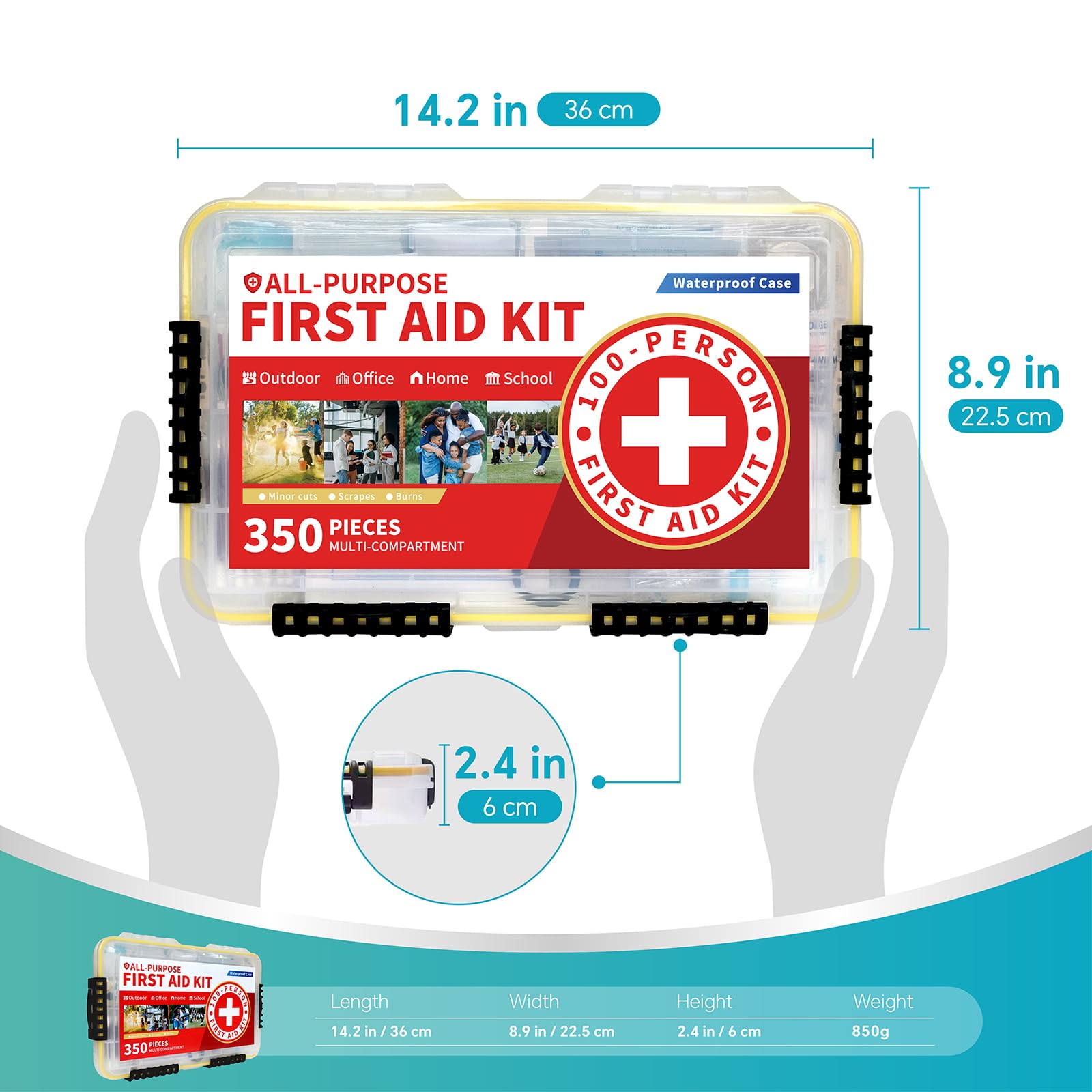 Prelady Kit de primeros auxilios de emergencia multiusos de 350 piezas para 100 personas, estuche de plástico impermeable, claramente organizado para una recuperación rápida, perfecto para el hogar