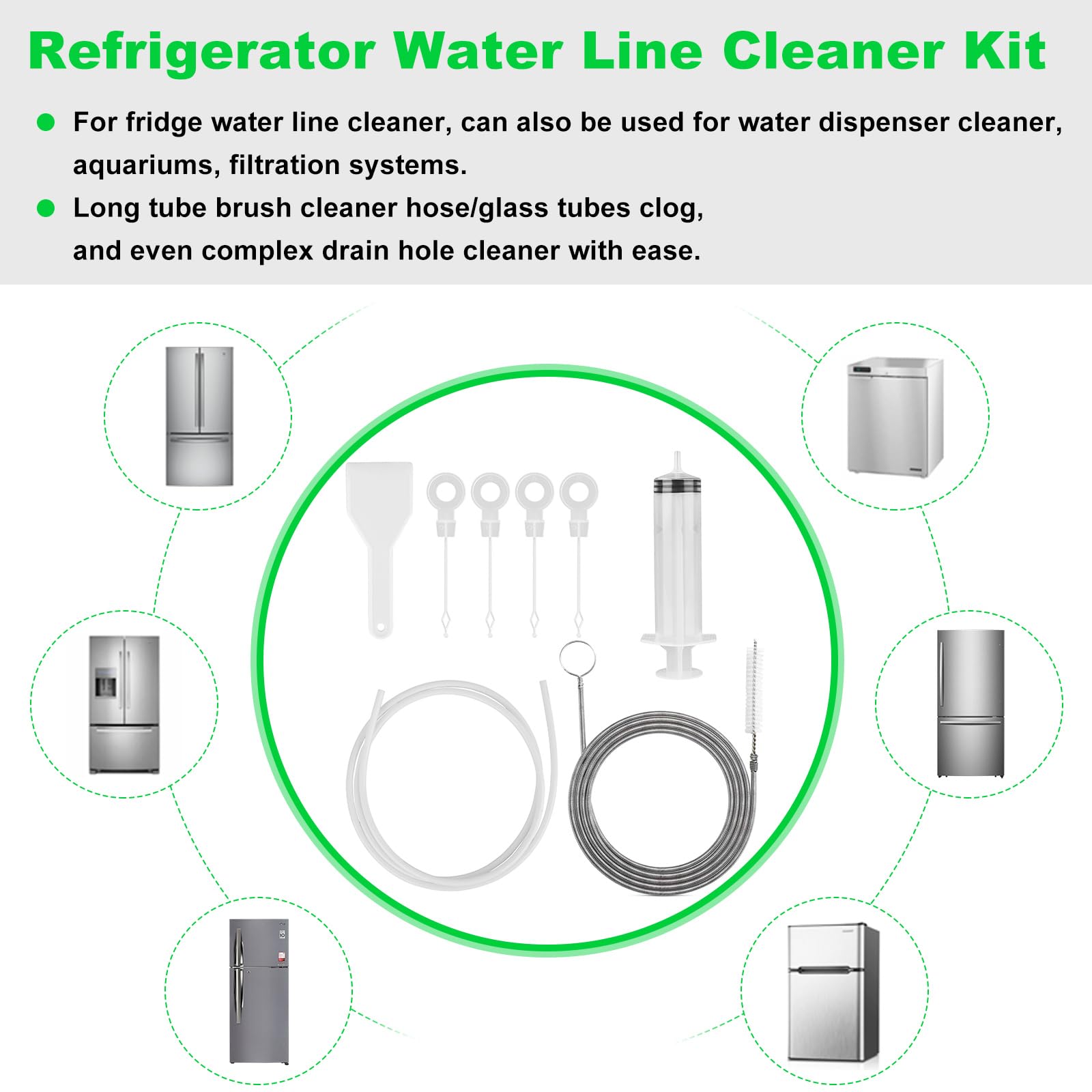 8 herramientas de limpieza de drenaje de refrigerador, kit de limpiador de línea de agua para refrigerador, incluye limpiador de cepillo de tubo largo, compañero de línea de agua para refrigerador,