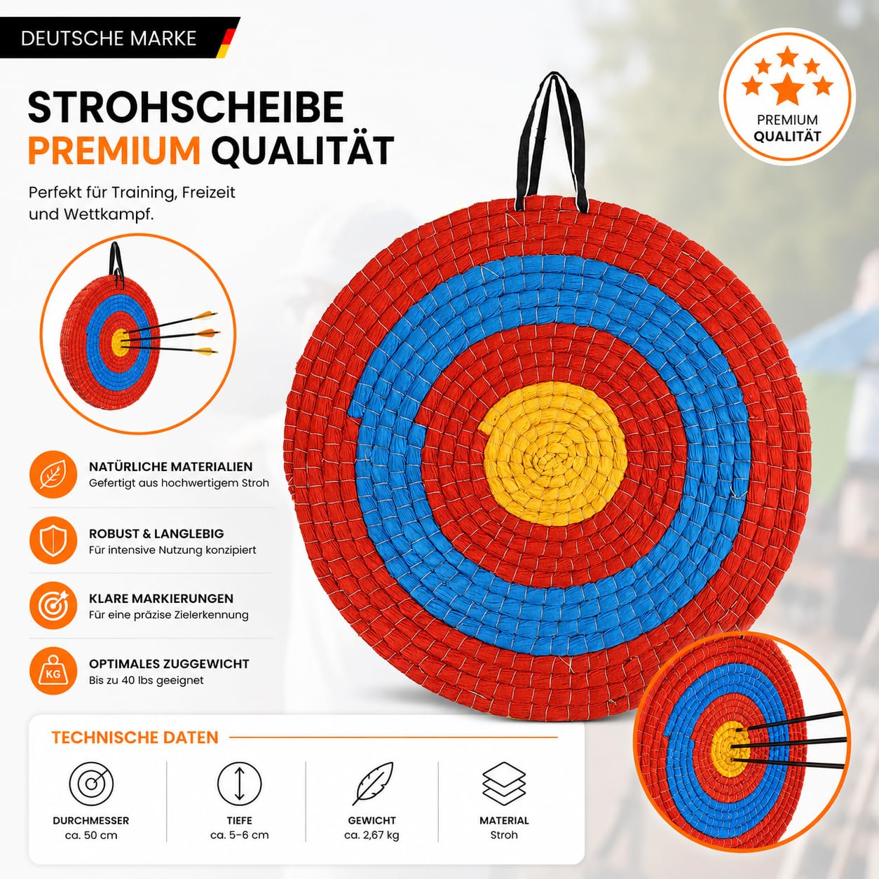 Flitzebogen Zielscheibe Bogenschießen, Strohzielscheibe 50x50x5cm | Stroh Ziel für Pfeil und Bogen & Armbrust, Bogenschießen Ziel für Training bis 30 lbs